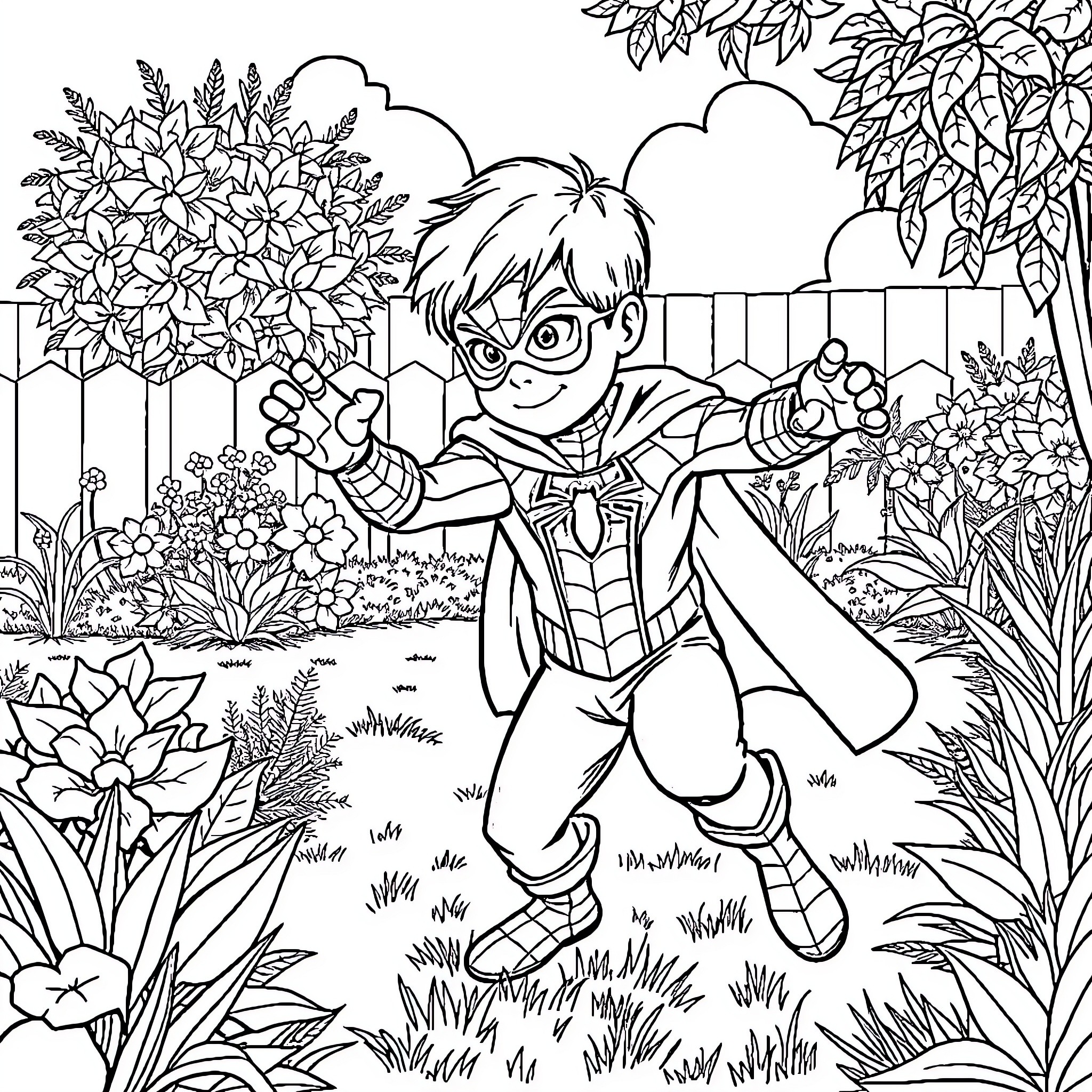 Spiderman exploring a lush garden Coloring Page (free black-and-white line drawing printable PDF for all, from beginners to advanced learners, including children, teens, adults, and seniors)