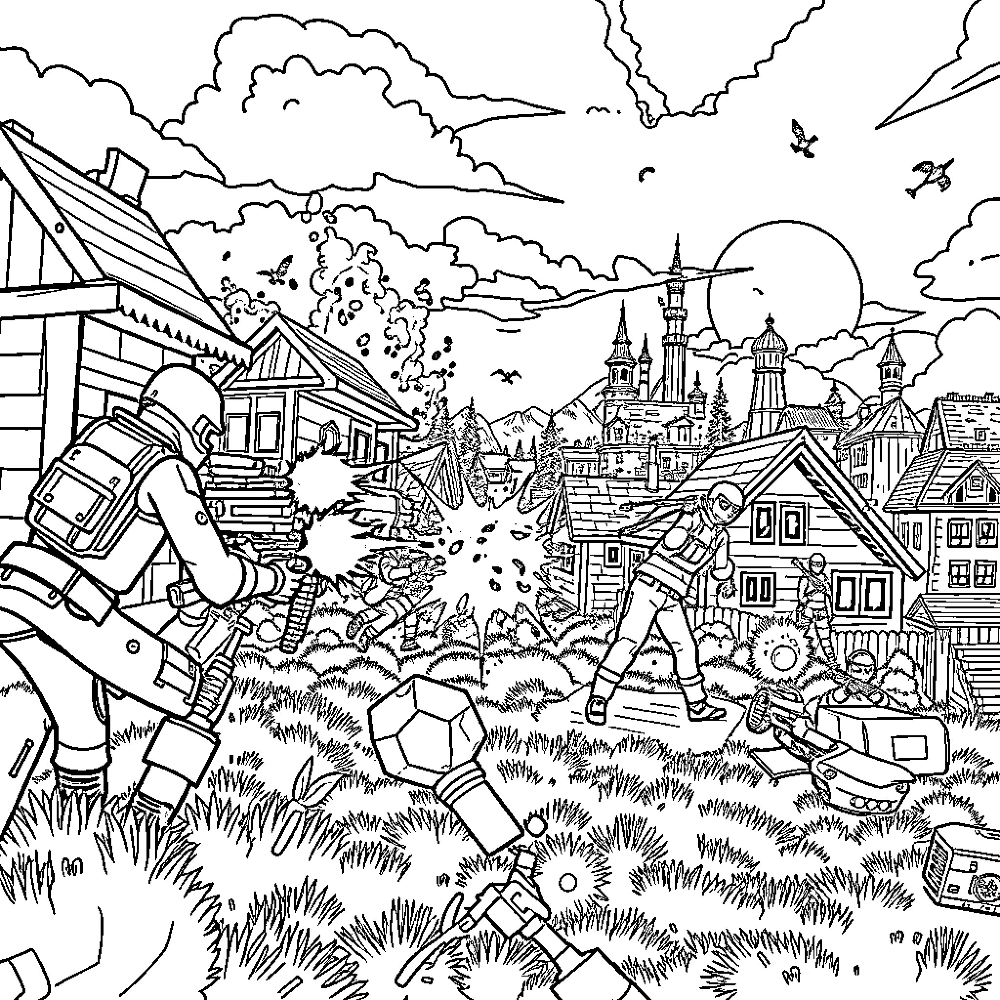 Fortnite Battle Royale Chaotic Gameplay Scene Coloring Page (free black-and-white line drawing printable PDF for all, from beginners to advanced learners, including children, teens, adults, and seniors)