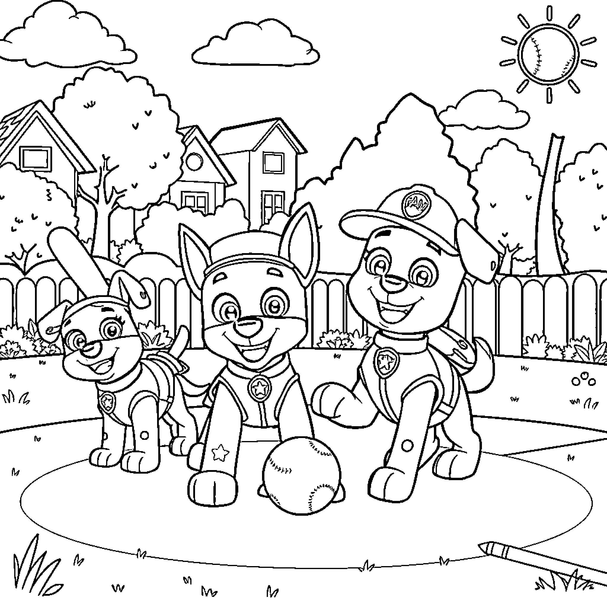 Paw Patrol characters playing in the neighborhood Coloring Page (free black-and-white line drawing printable PDF for all, from beginners to advanced learners, including children, teens, adults, and seniors)