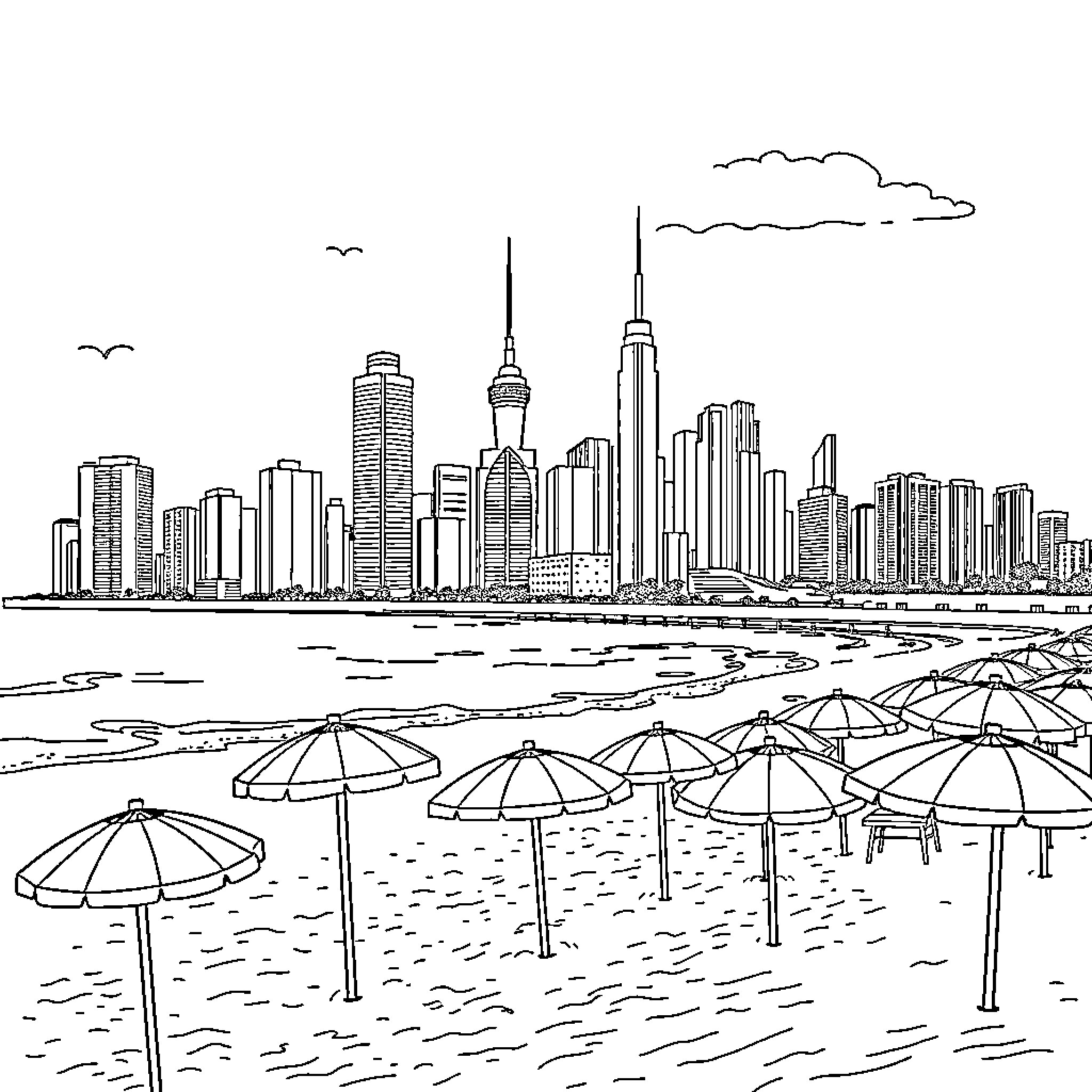 City skyline with beach umbrellas Coloring Page (free black-and-white line drawing printable PDF for all, from beginners to advanced learners, including children, teens, adults, and seniors)