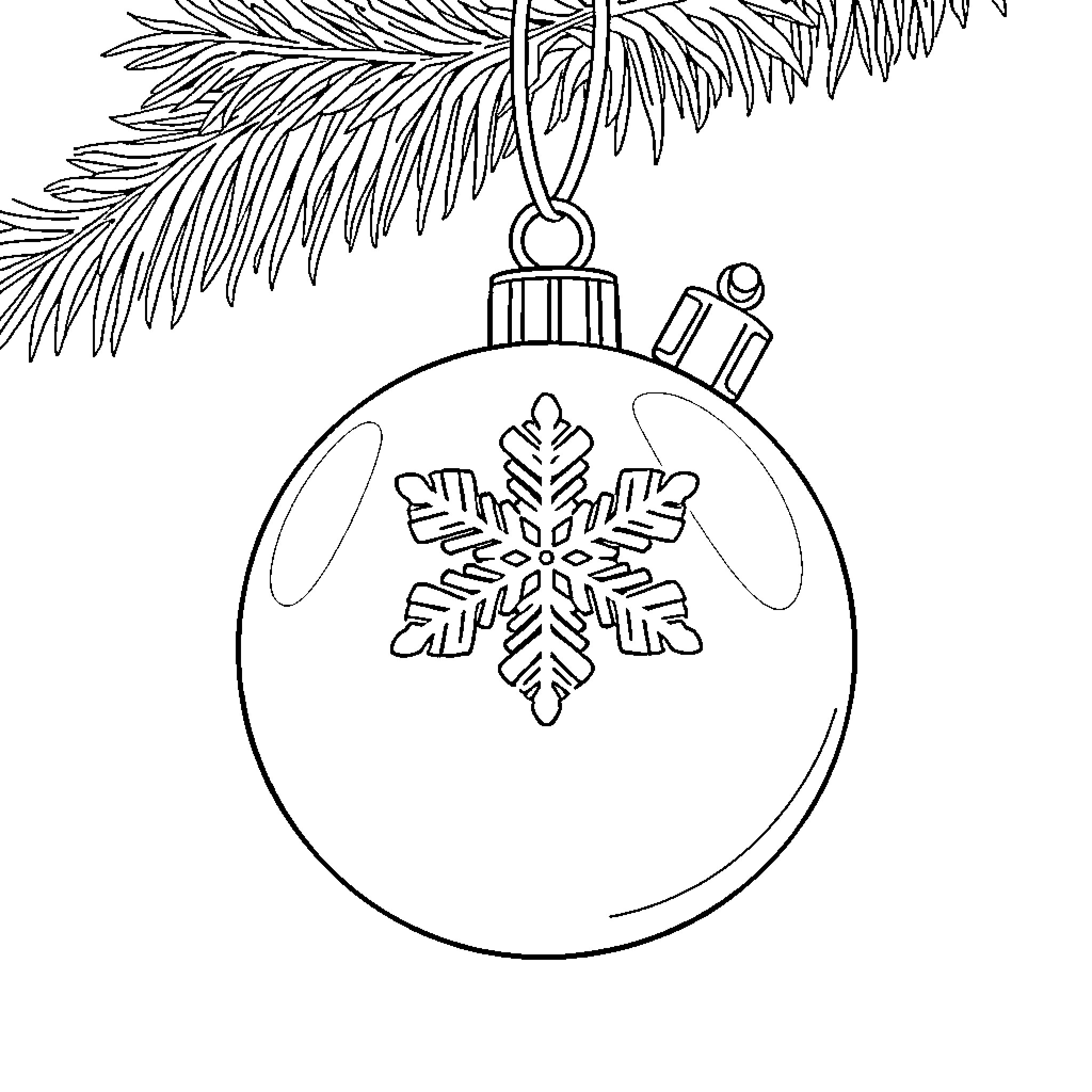 Snowflake-patterned ornament hanging on pine branch Coloring Page (free black-and-white line drawing printable PDF for all, from beginners to advanced learners, including children, teens, adults, and seniors)