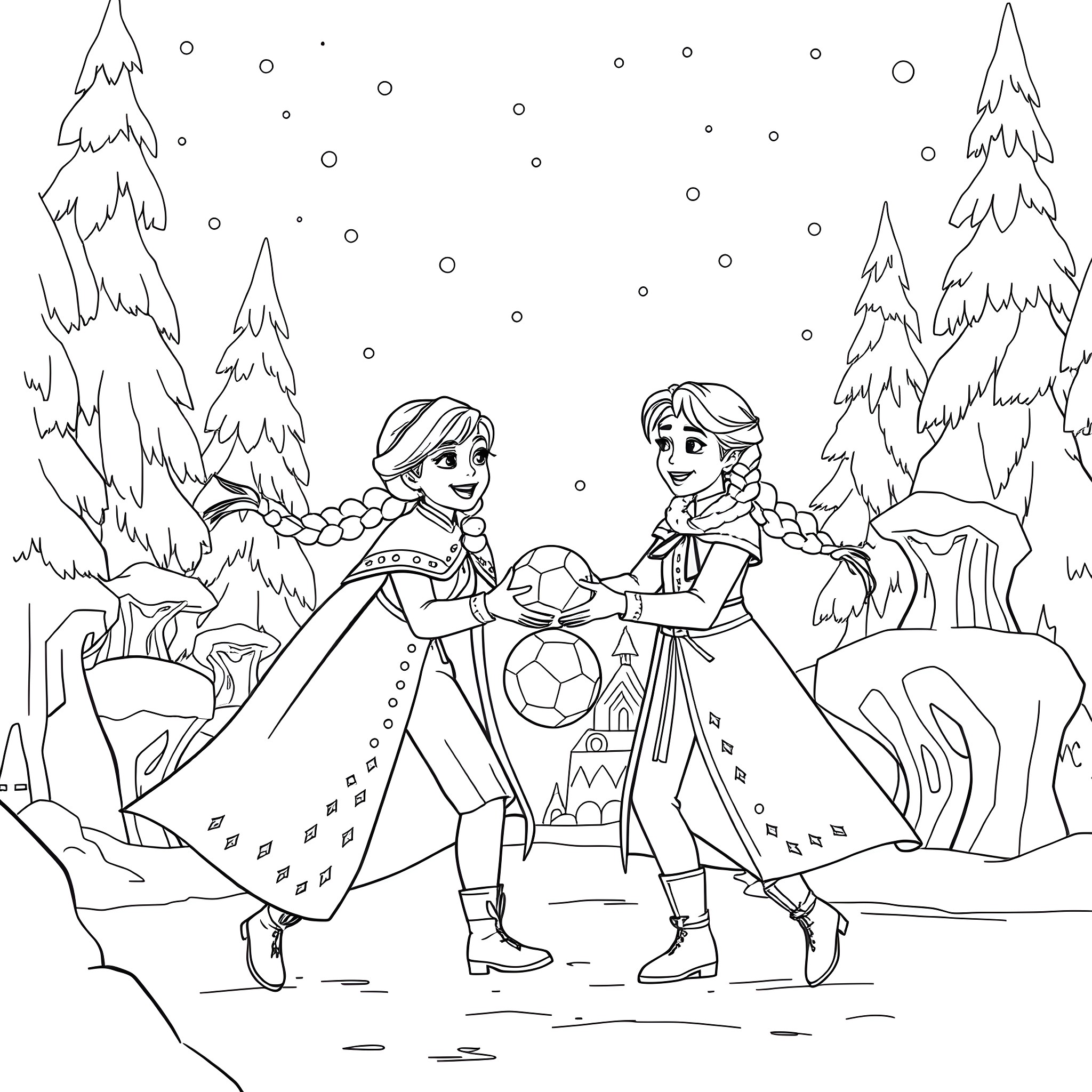 Anna and Elsa playing soccer in a winter wonderland Coloring Page (free black-and-white line drawing printable PDF for all, from beginners to advanced learners, including children, teens, adults, and seniors)