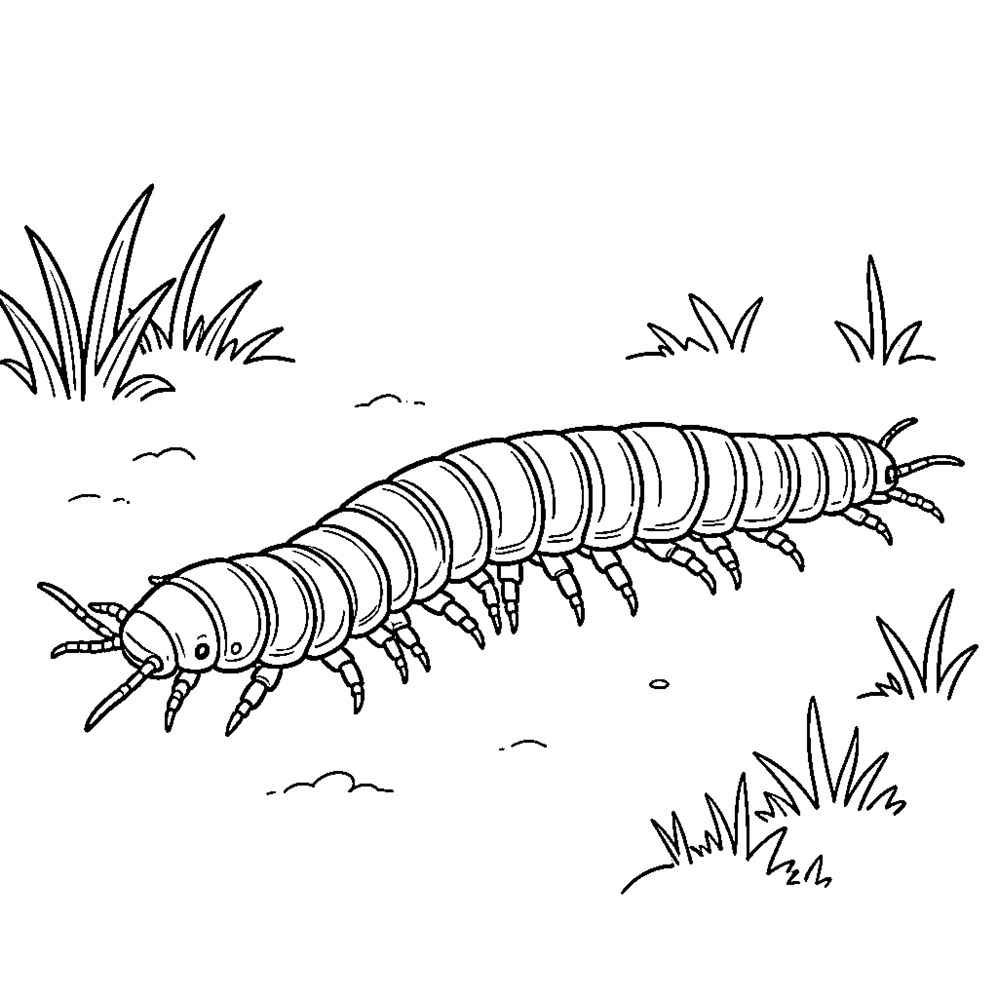 Centipede crawling through blades of grass Coloring Page (free black-and-white line drawing printable PDF for all, from beginners to advanced learners, including children, teens, adults, and seniors)