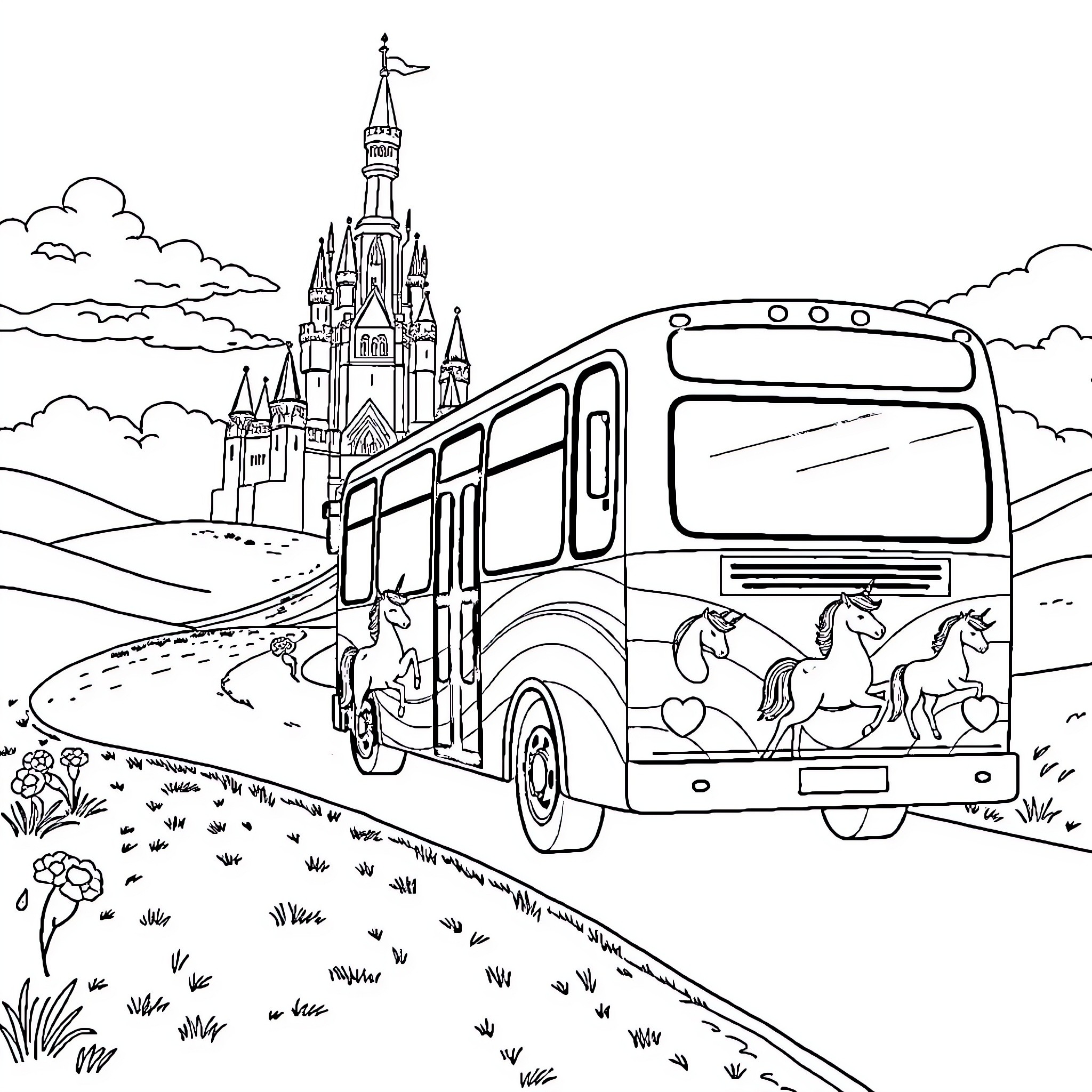Bus Transporting Passengers to a Fairytale Castle Coloring Page (free black-and-white line drawing printable PDF for all, from beginners to advanced learners, including children, teens, adults, and seniors)