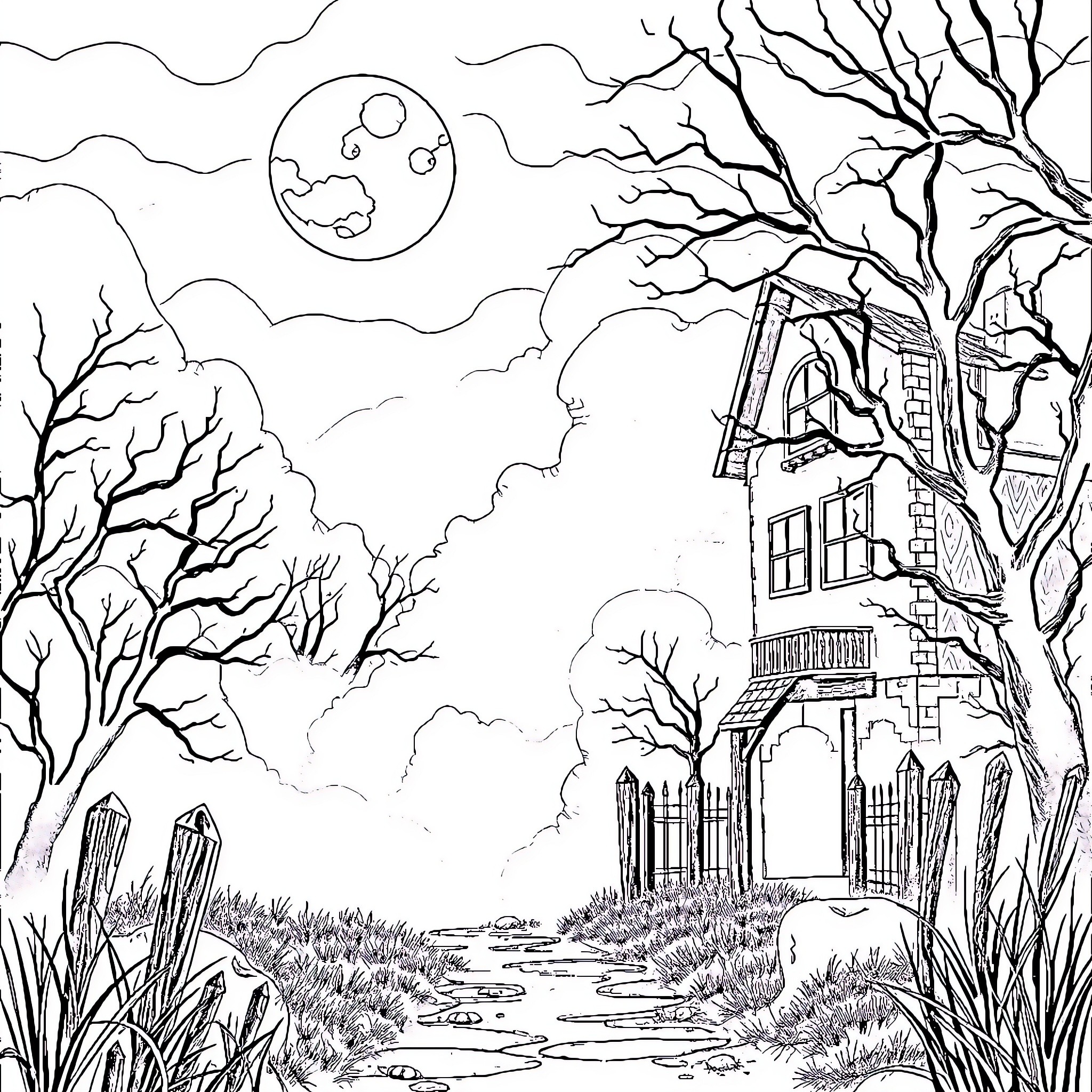 Friday the 13th haunted house in the moonlit forest Coloring Page (free black-and-white line drawing printable PDF for all, from beginners to advanced learners, including children, teens, adults, and seniors)