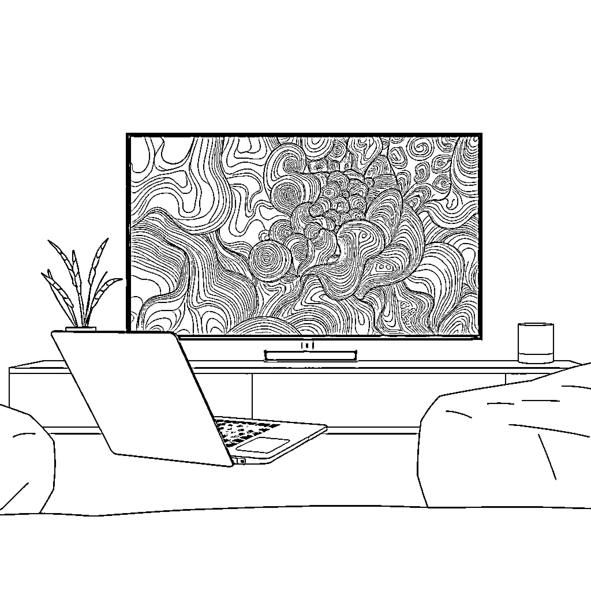 HP Chromebook on a desk with an abstract display Coloring Page (free black-and-white line drawing printable PDF for all, from beginners to advanced learners, including children, teens, adults, and seniors)