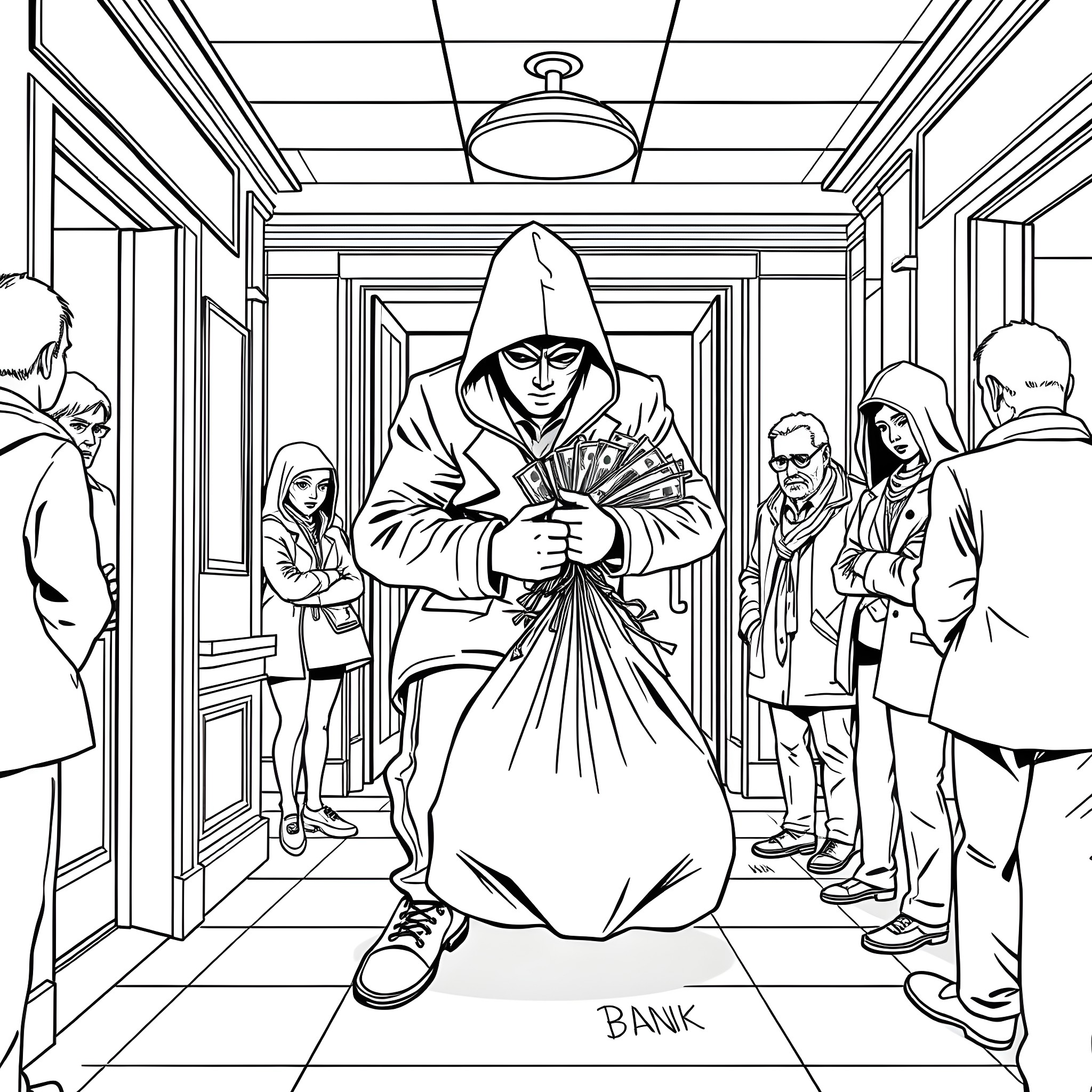 Person carrying duffel bag in the hallway Coloring Page (free black-and-white line drawing printable PDF for all, from beginners to advanced learners, including children, teens, adults, and seniors)