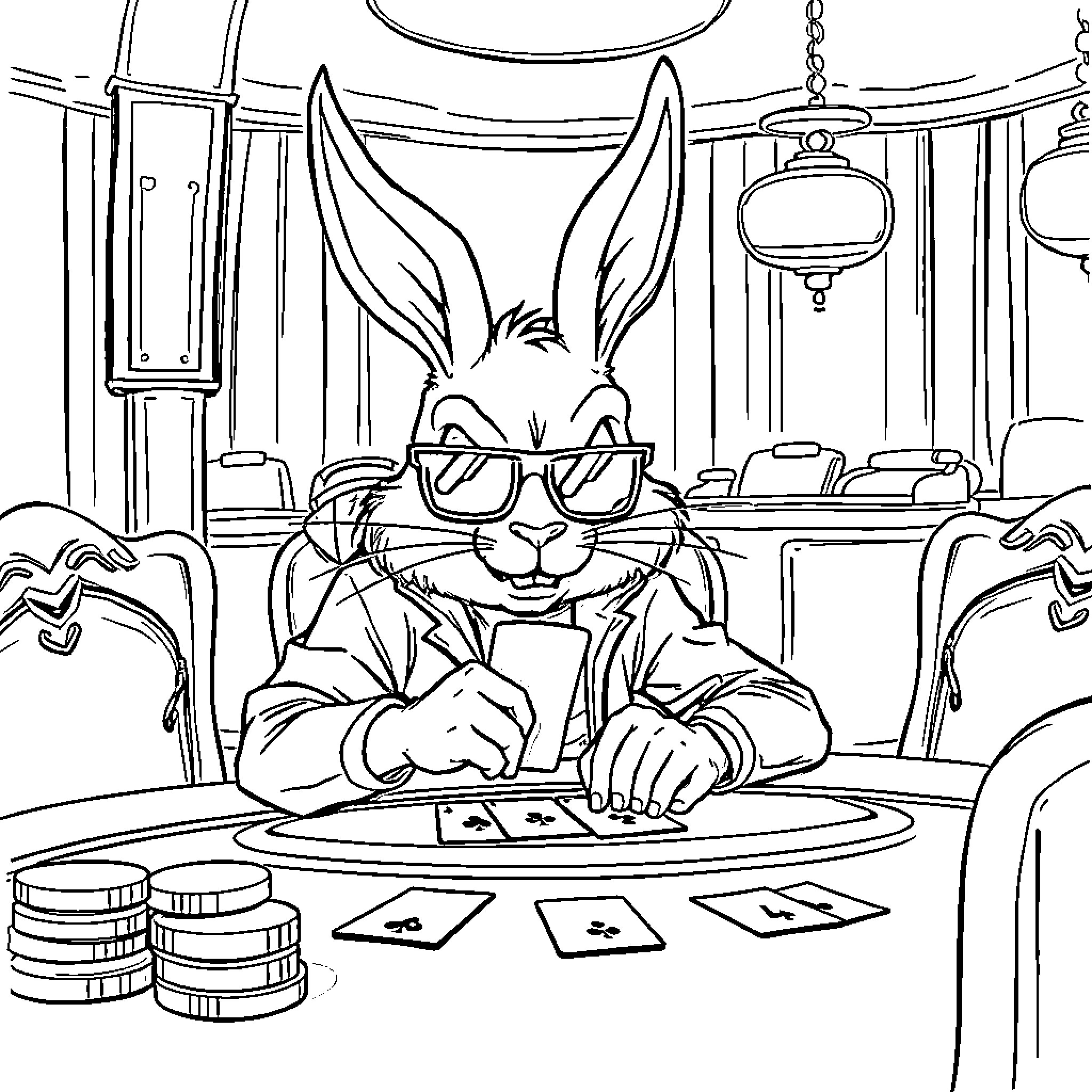 Bad Bunny gambling in a luxurious casino Coloring Page (free black-and-white line drawing printable PDF for all, from beginners to advanced learners, including children, teens, adults, and seniors)