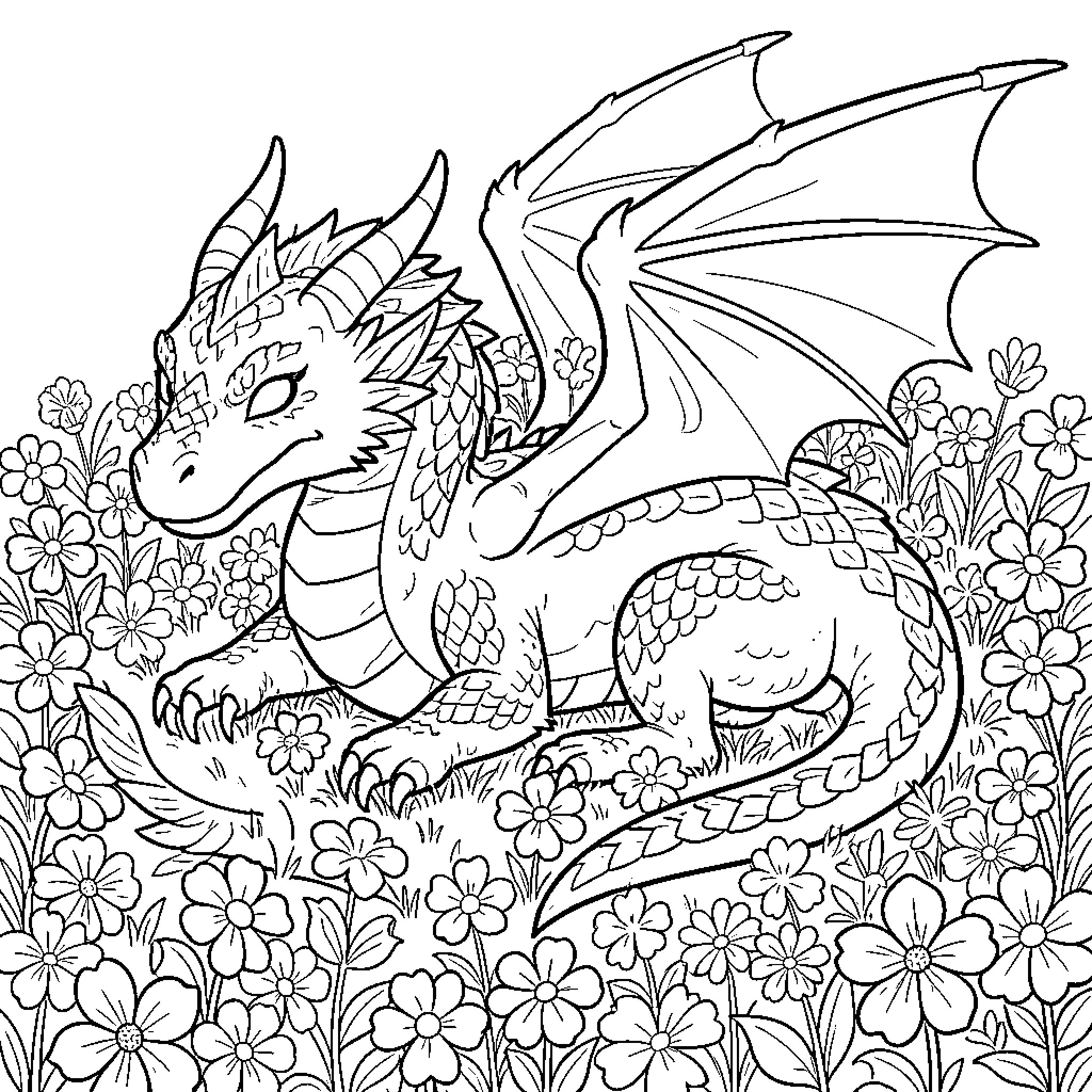 Dragon resting amidst vibrant floral scenery Coloring Page (free black-and-white line drawing printable PDF for all, from beginners to advanced learners, including children, teens, adults, and seniors)