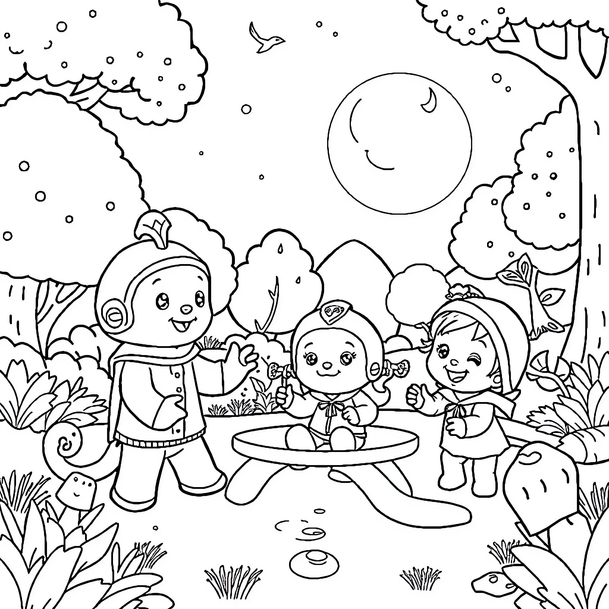 Octonauts enjoying a night-time adventure outdoors Coloring Page (free black-and-white line drawing printable PDF for all, from beginners to advanced learners, including children, teens, adults, and seniors)