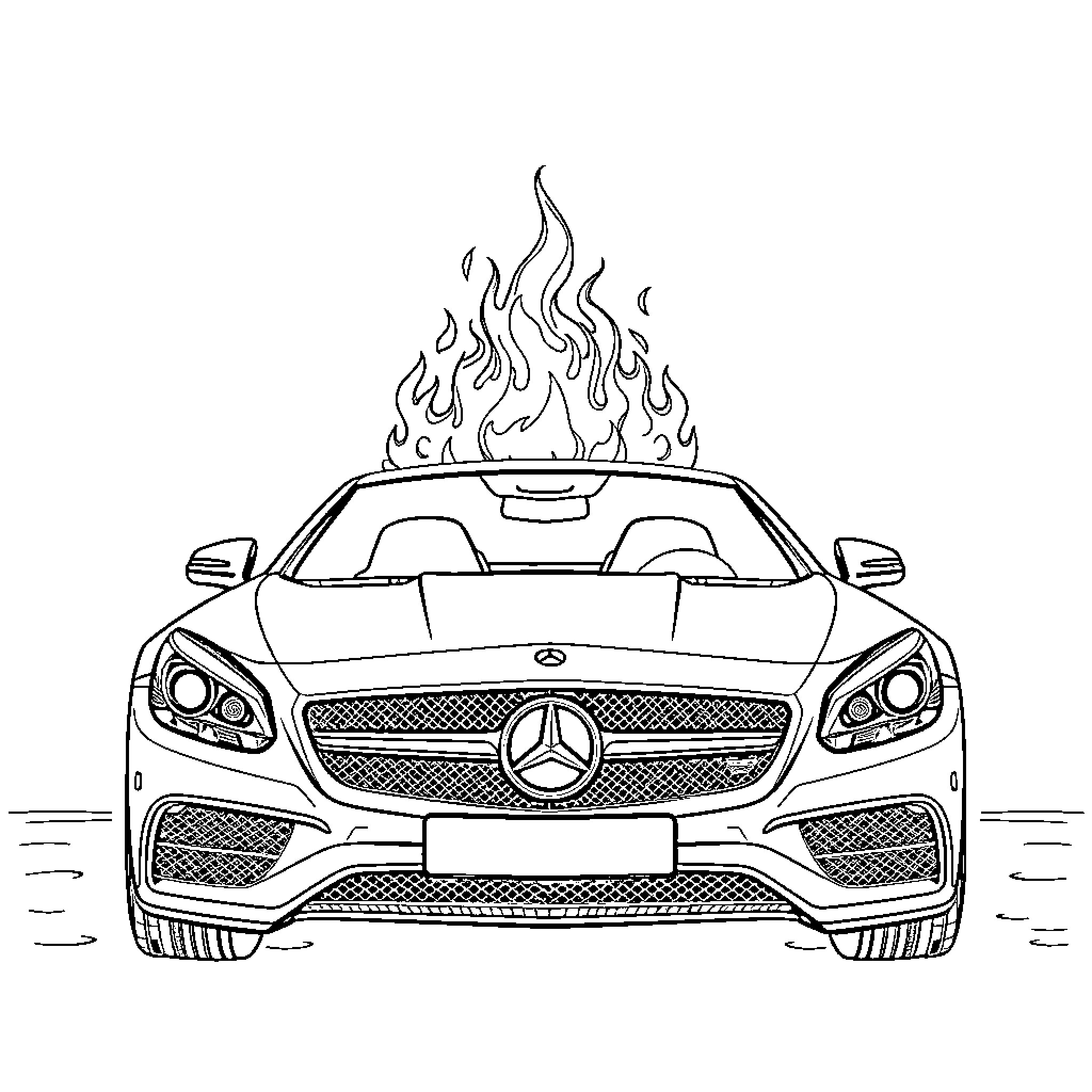 Mercedes sports car with fiery exhaust Coloring Page (free black-and-white line drawing printable PDF for all, from beginners to advanced learners, including children, teens, adults, and seniors)