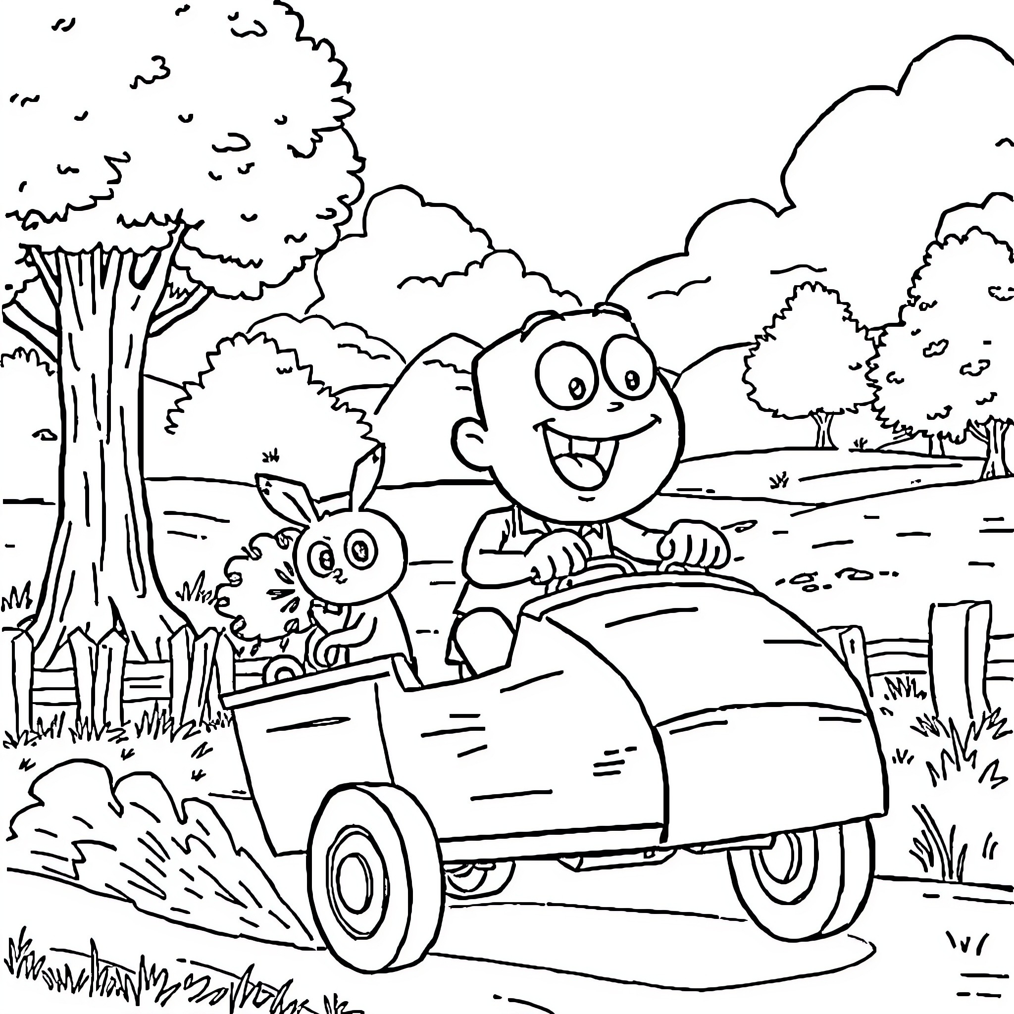 Bob driving happily with his friend in the countryside Coloring Page (free black-and-white line drawing printable PDF for all, from beginners to advanced learners, including children, teens, adults, and seniors)
