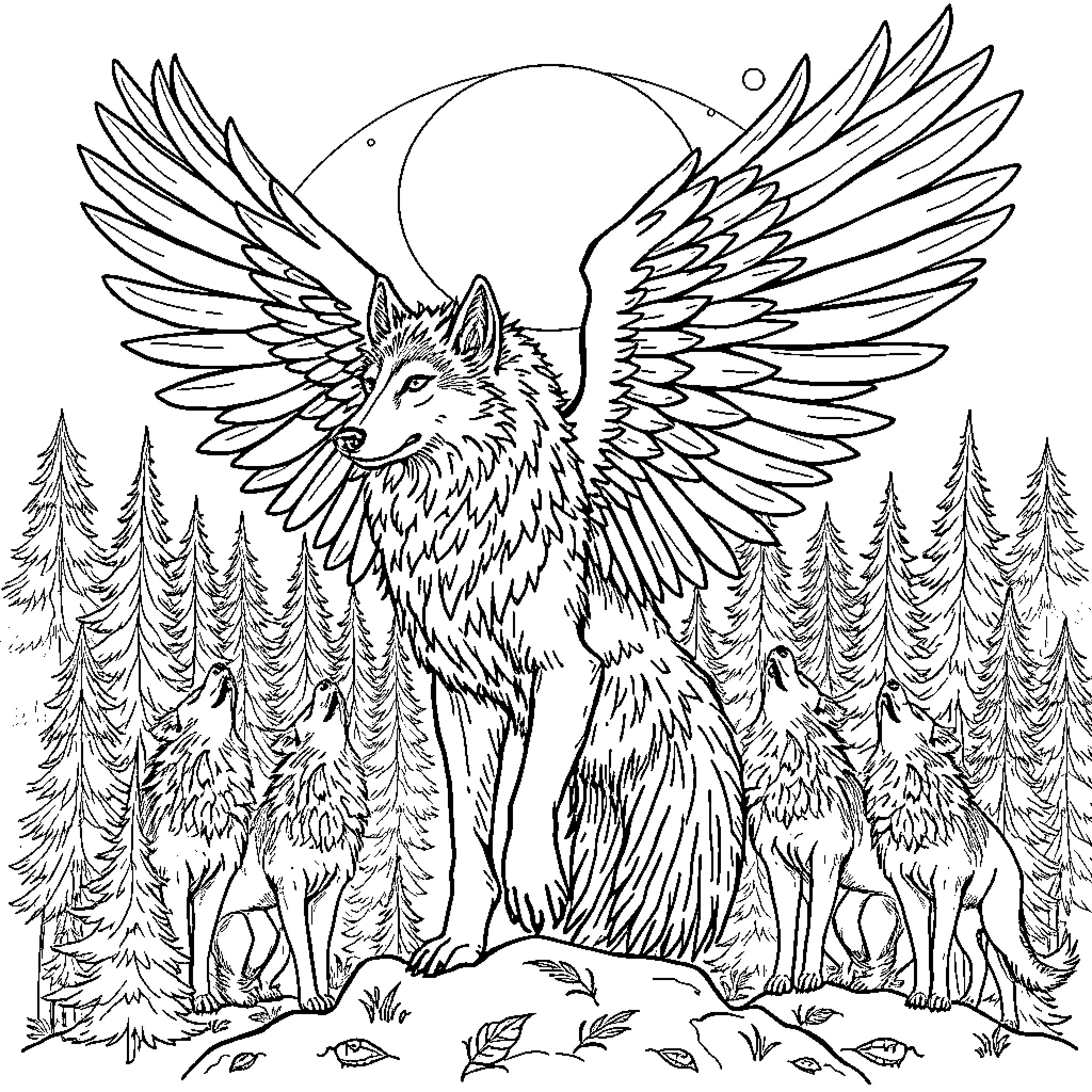 Wolf with majestic wings in mystical forest Coloring Page (free black-and-white line drawing printable PDF for all, from beginners to advanced learners, including children, teens, adults, and seniors)