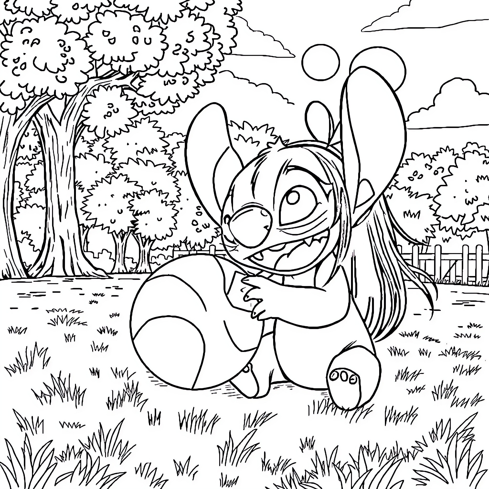 Stitch exploring the magical forest Coloring Page (free black-and-white line drawing printable PDF for all, from beginners to advanced learners, including children, teens, adults, and seniors)