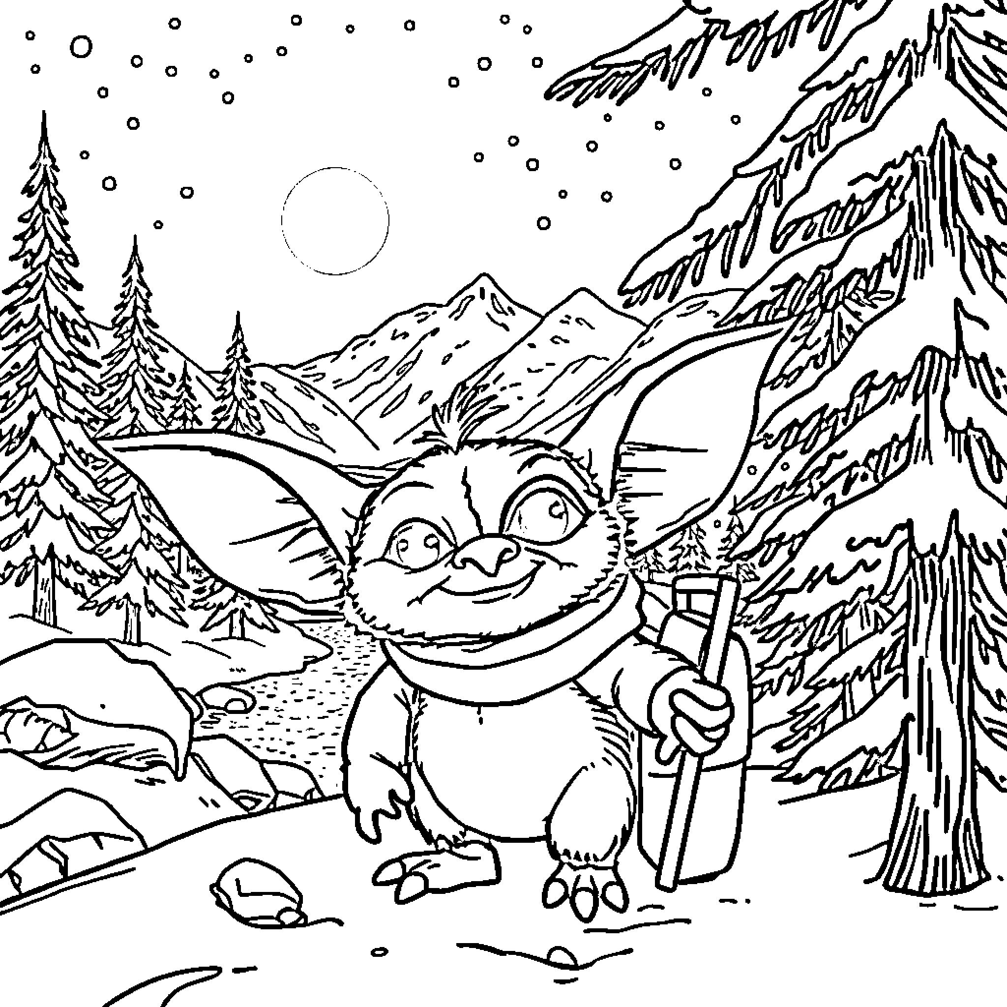 Gizmo enjoying the snowy winter landscape Coloring Page (free black-and-white line drawing printable PDF for all, from beginners to advanced learners, including children, teens, adults, and seniors)