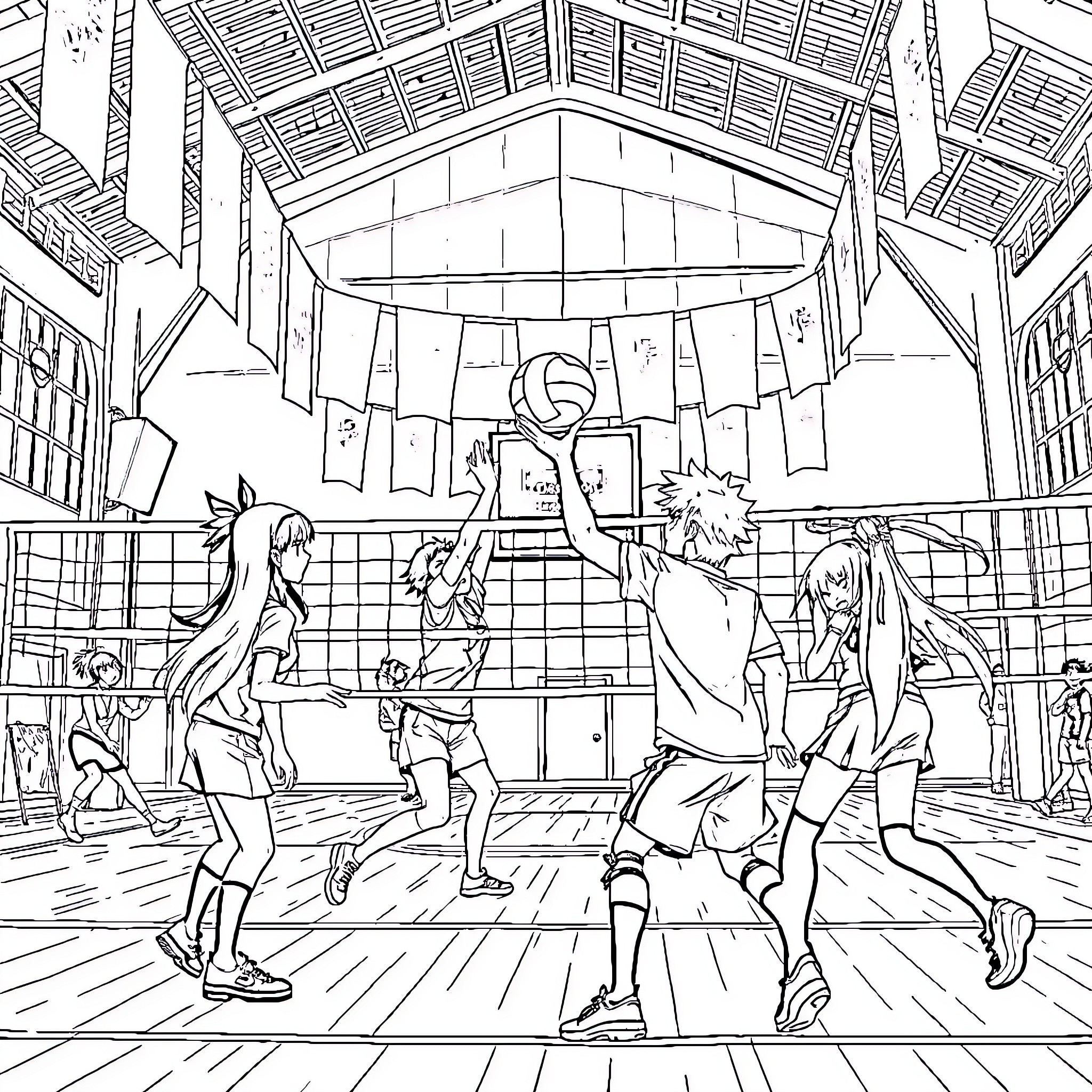 Demon Slayer Characters in Training Session Coloring Page (free black-and-white line drawing printable PDF for all, from beginners to advanced learners, including children, teens, adults, and seniors)