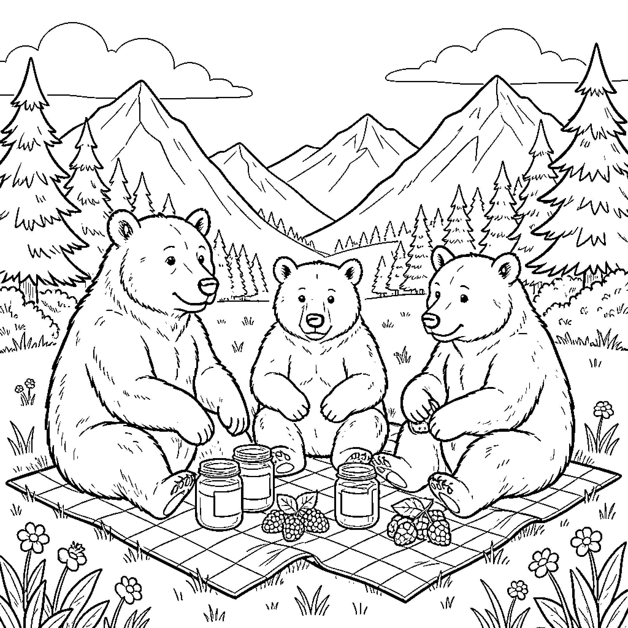 Grizzly Bear family enjoying a picnic in the mountains Coloring Page (free black-and-white line drawing printable PDF for all, from beginners to advanced learners, including children, teens, adults, and seniors)