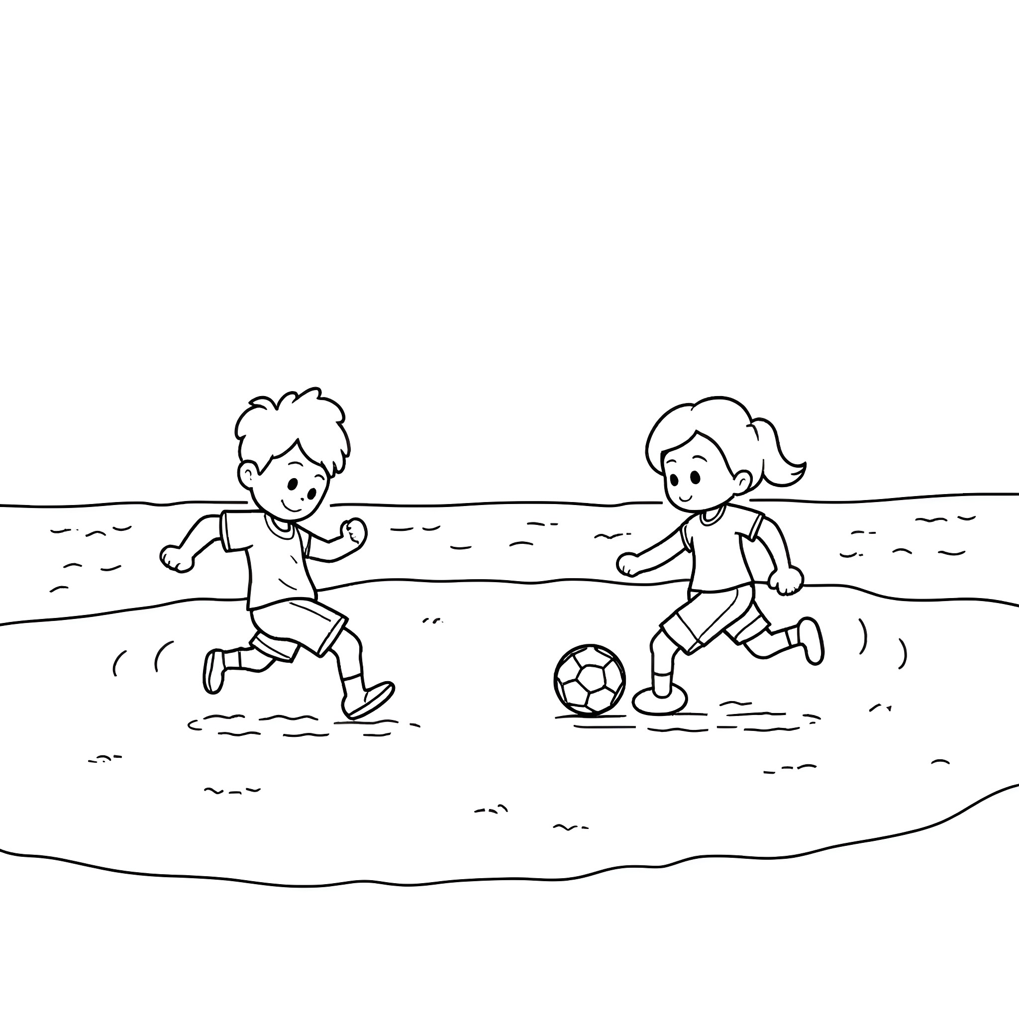 Bluey and friends playing with a soccer ball on the beach Coloring Page (free black-and-white line drawing printable PDF for all, from beginners to advanced learners, including children, teens, adults, and seniors)