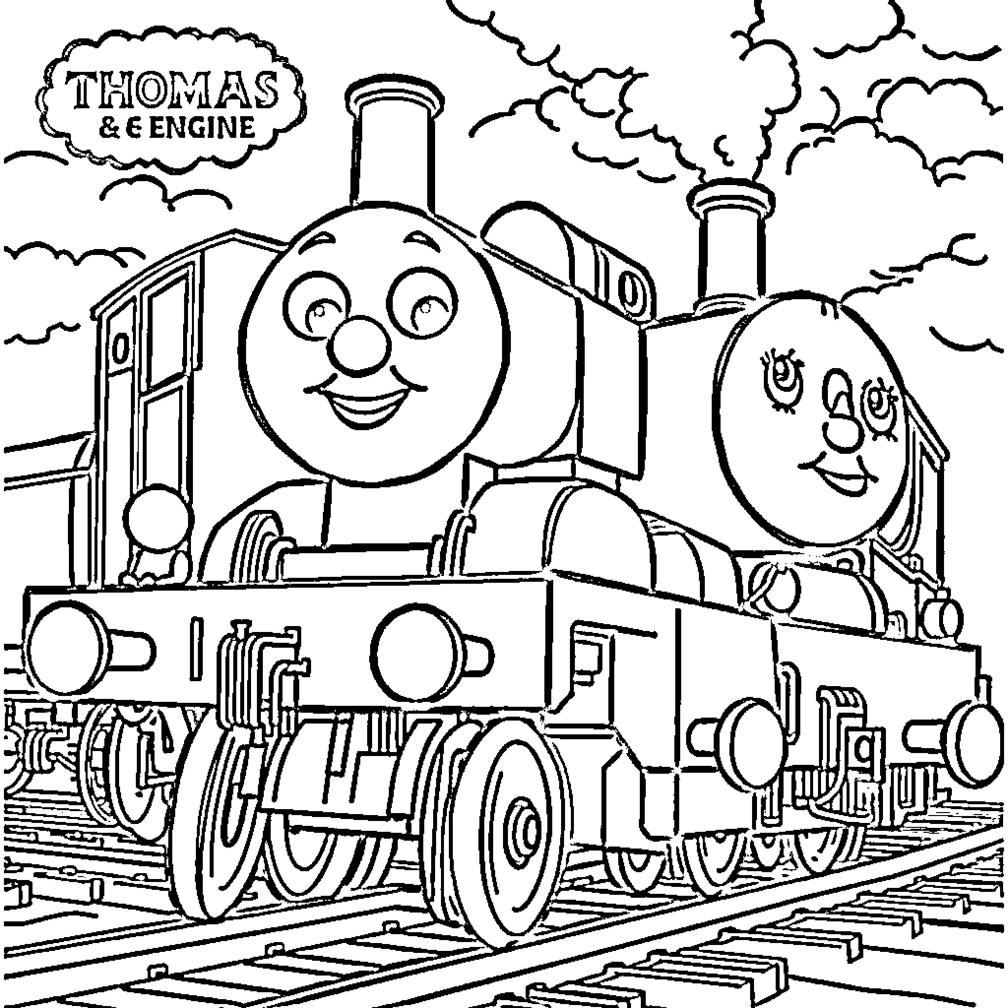 Thomas Train and Engine Enjoying Their Ride Coloring Page (free black-and-white line drawing printable PDF for all, from beginners to advanced learners, including children, teens, adults, and seniors)