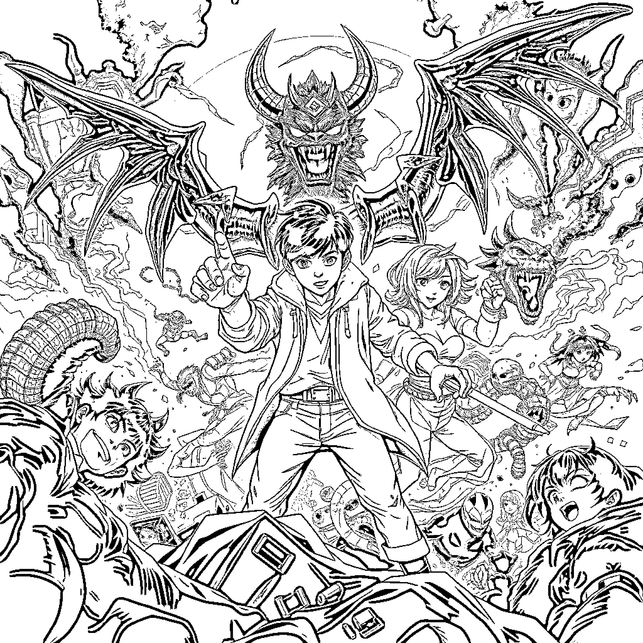 Demon Hunter battles fearsome supernatural creatures Coloring Page (free black-and-white line drawing printable PDF for all, from beginners to advanced learners, including children, teens, adults, and seniors)