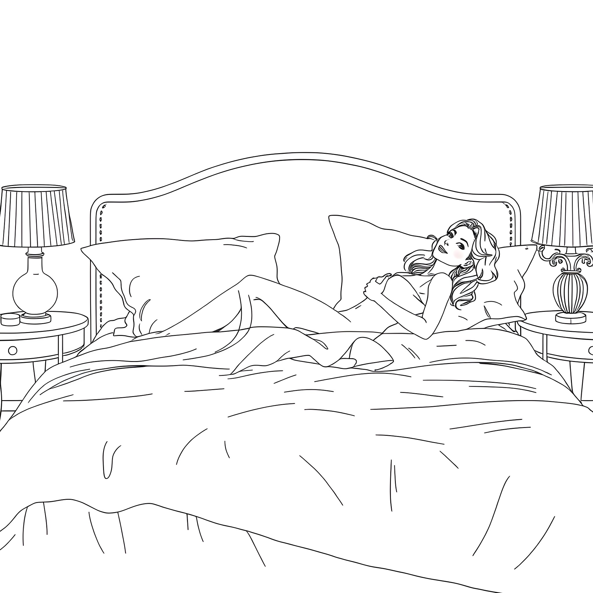 Lady resting peacefully in her bedroom Coloring Page (free black-and-white line drawing printable PDF for all, from beginners to advanced learners, including children, teens, adults, and seniors)