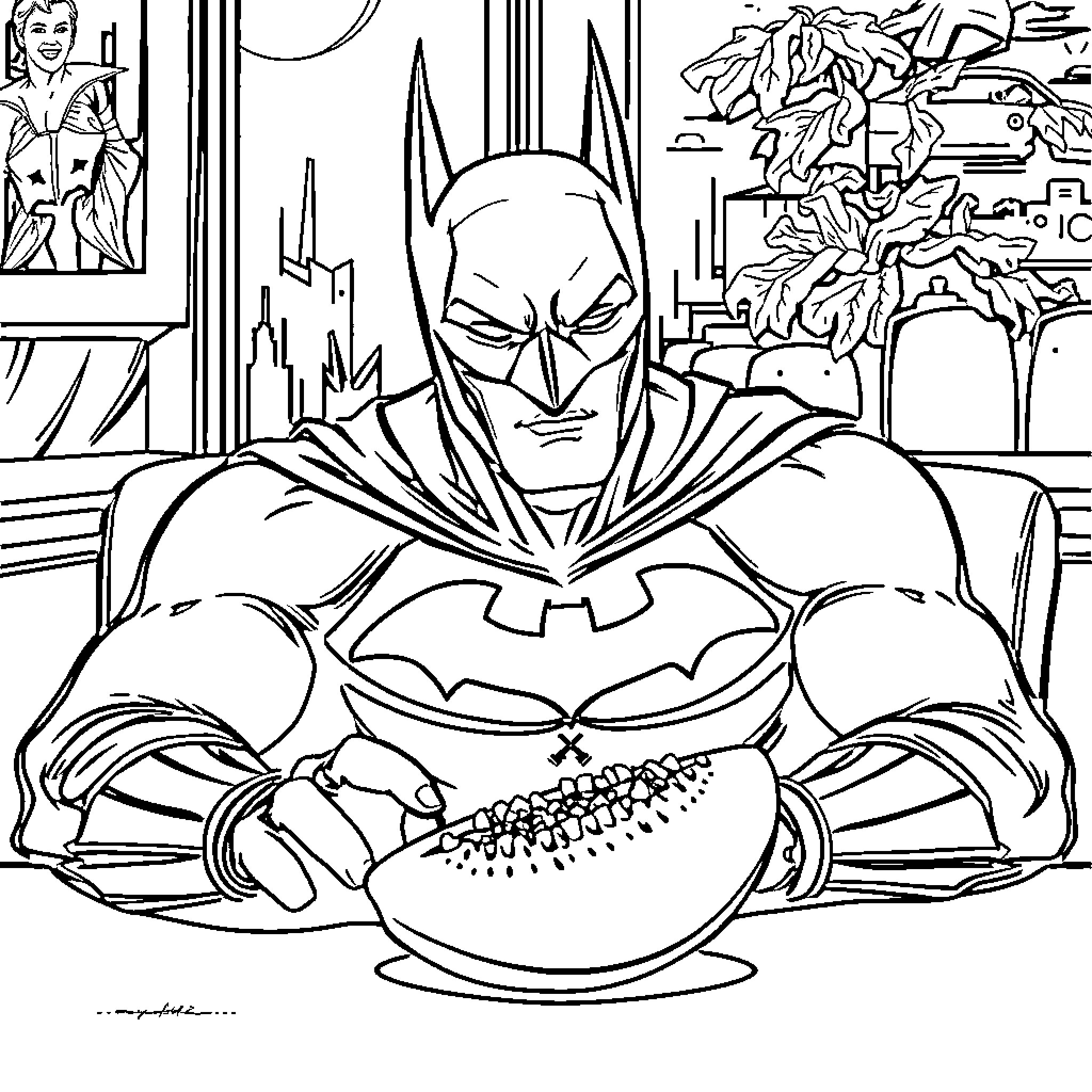 Batman enjoying a hearty meal in his home Coloring Page (free black-and-white line drawing printable PDF for all, from beginners to advanced learners, including children, teens, adults, and seniors)