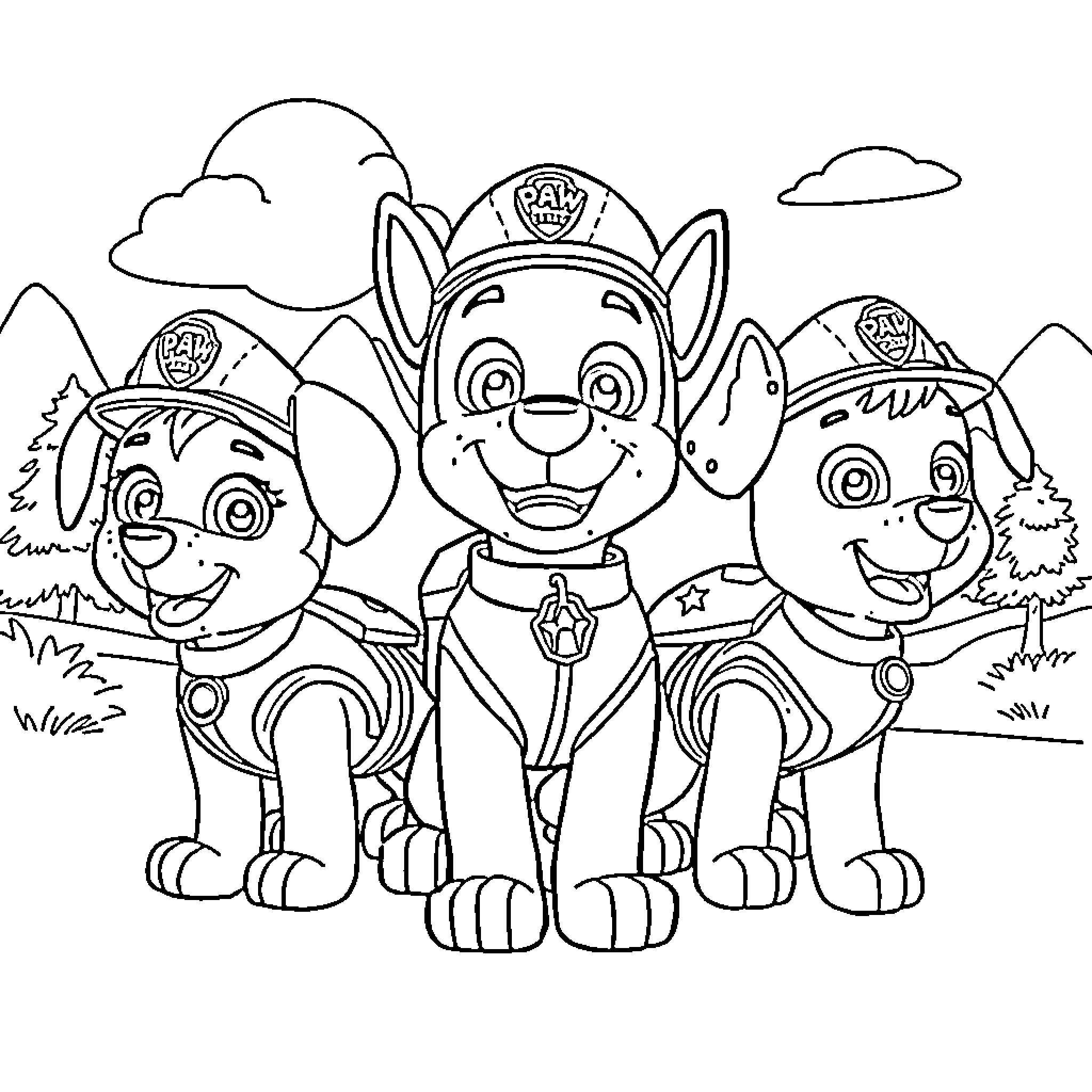 Paw Patrol team working together in the wilderness Coloring Page (free black-and-white line drawing printable PDF for all, from beginners to advanced learners, including children, teens, adults, and seniors)