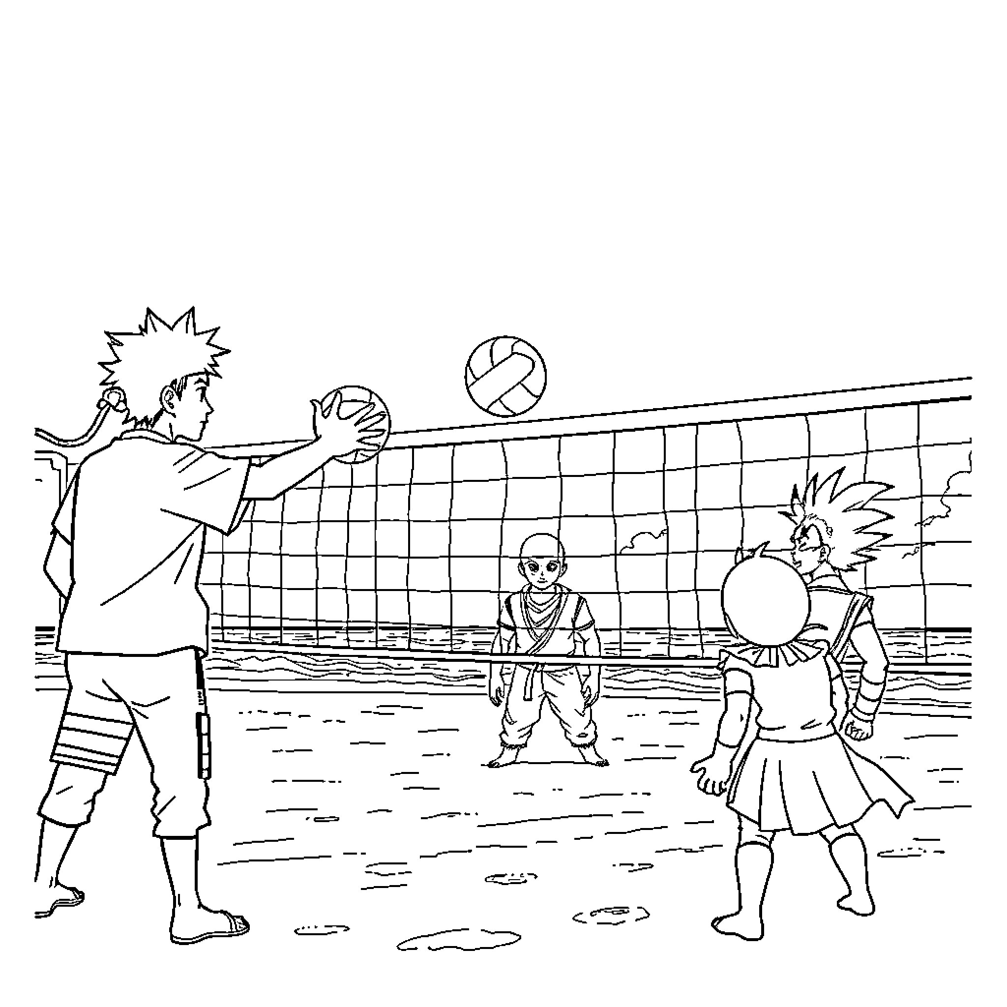 Naruto characters playing volleyball at the beach Coloring Page (free black-and-white line drawing printable PDF for all, from beginners to advanced learners, including children, teens, adults, and seniors)