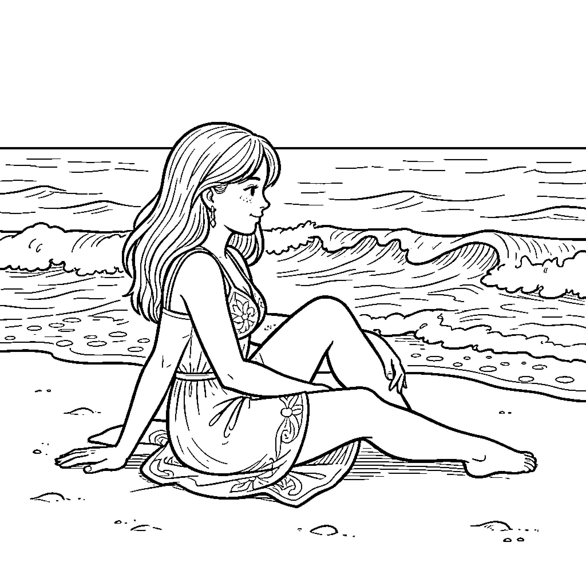 Ondine sitting peacefully on the beach by the waves Coloring Page (free black-and-white line drawing printable PDF for all, from beginners to advanced learners, including children, teens, adults, and seniors)