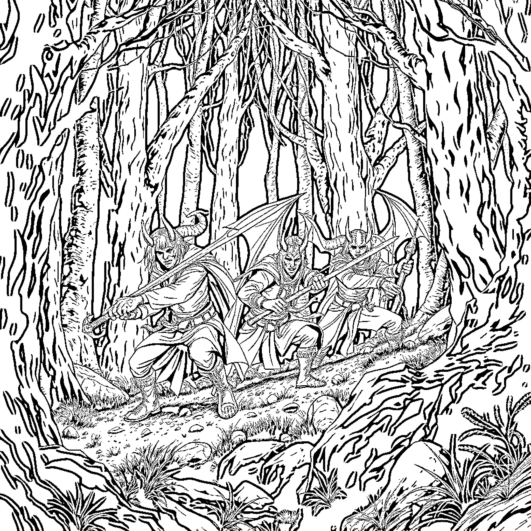Demon Hunter Confronting Enemies in Dark Forest Coloring Page (free black-and-white line drawing printable PDF for all, from beginners to advanced learners, including children, teens, adults, and seniors)