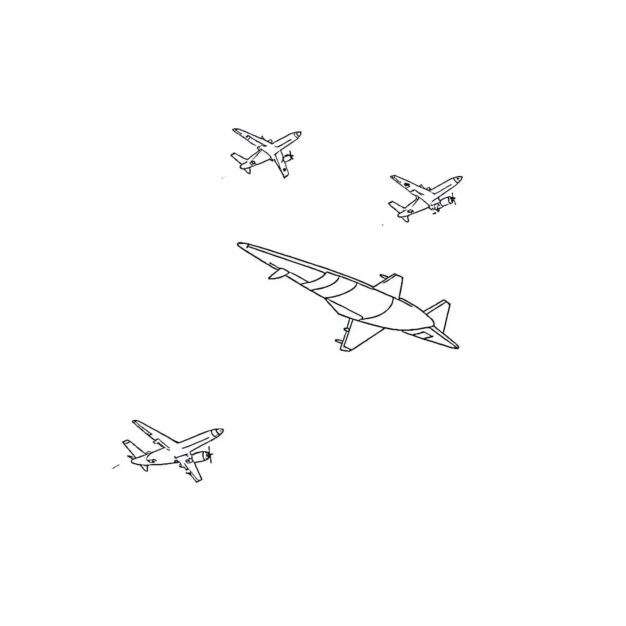 Airplane formations soaring through the sky Coloring Page (free black-and-white line drawing printable PDF for all, from beginners to advanced learners, including children, teens, adults, and seniors)