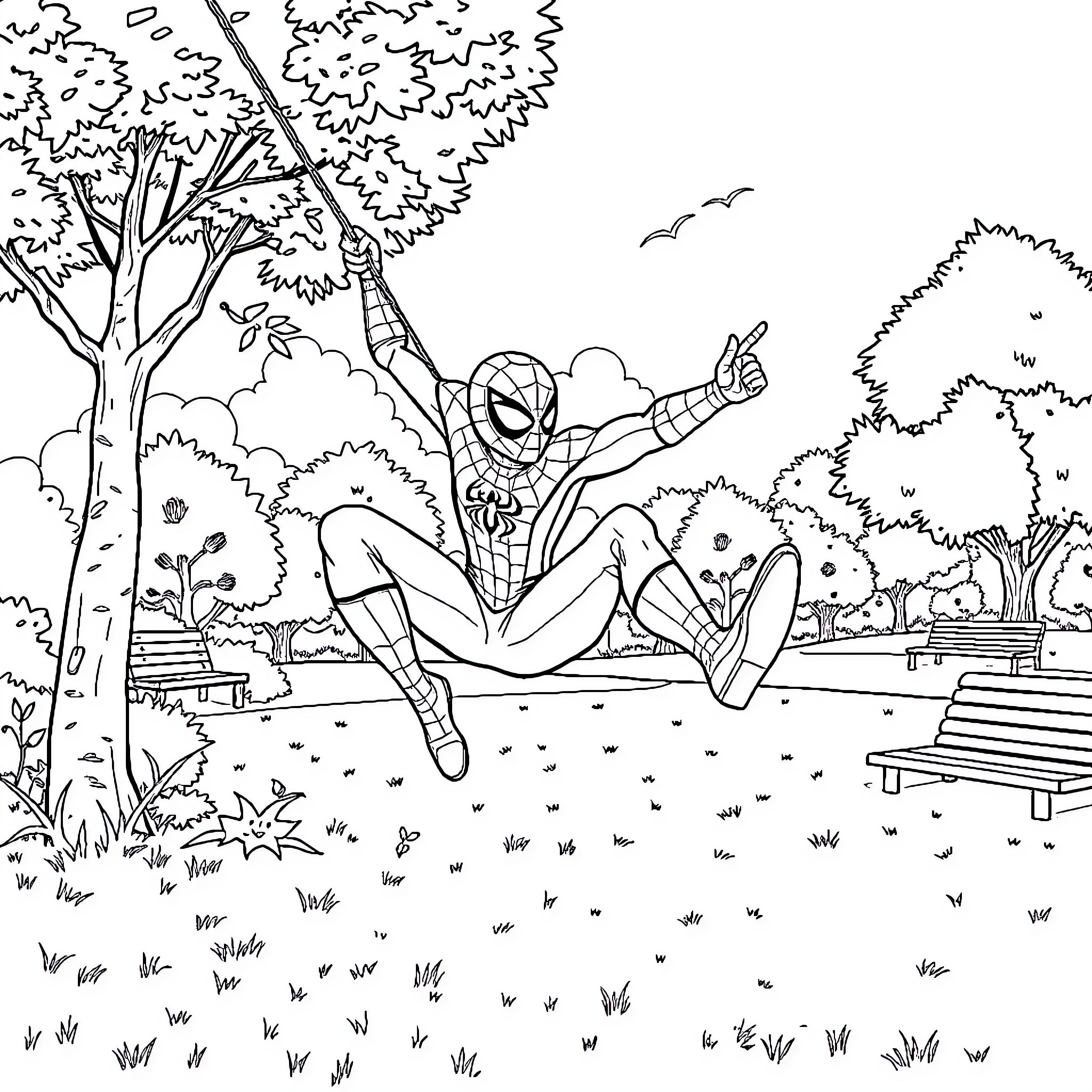 Spider-Man relaxing in a park landscape Coloring Page (free black-and-white line drawing printable PDF for all, from beginners to advanced learners, including children, teens, adults, and seniors)