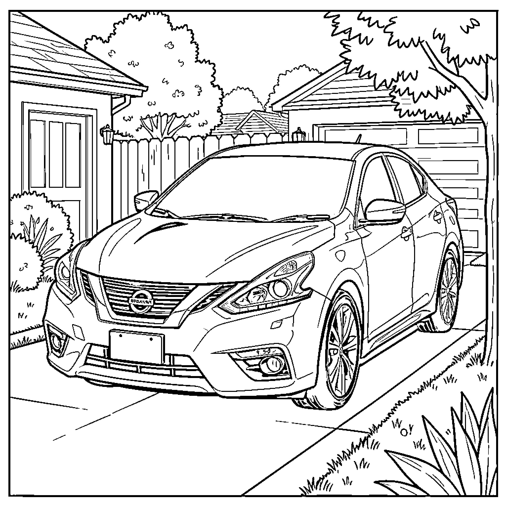 Nissan car on suburban street with houses Coloring Page (free black-and-white line drawing printable PDF for all, from beginners to advanced learners, including children, teens, adults, and seniors)