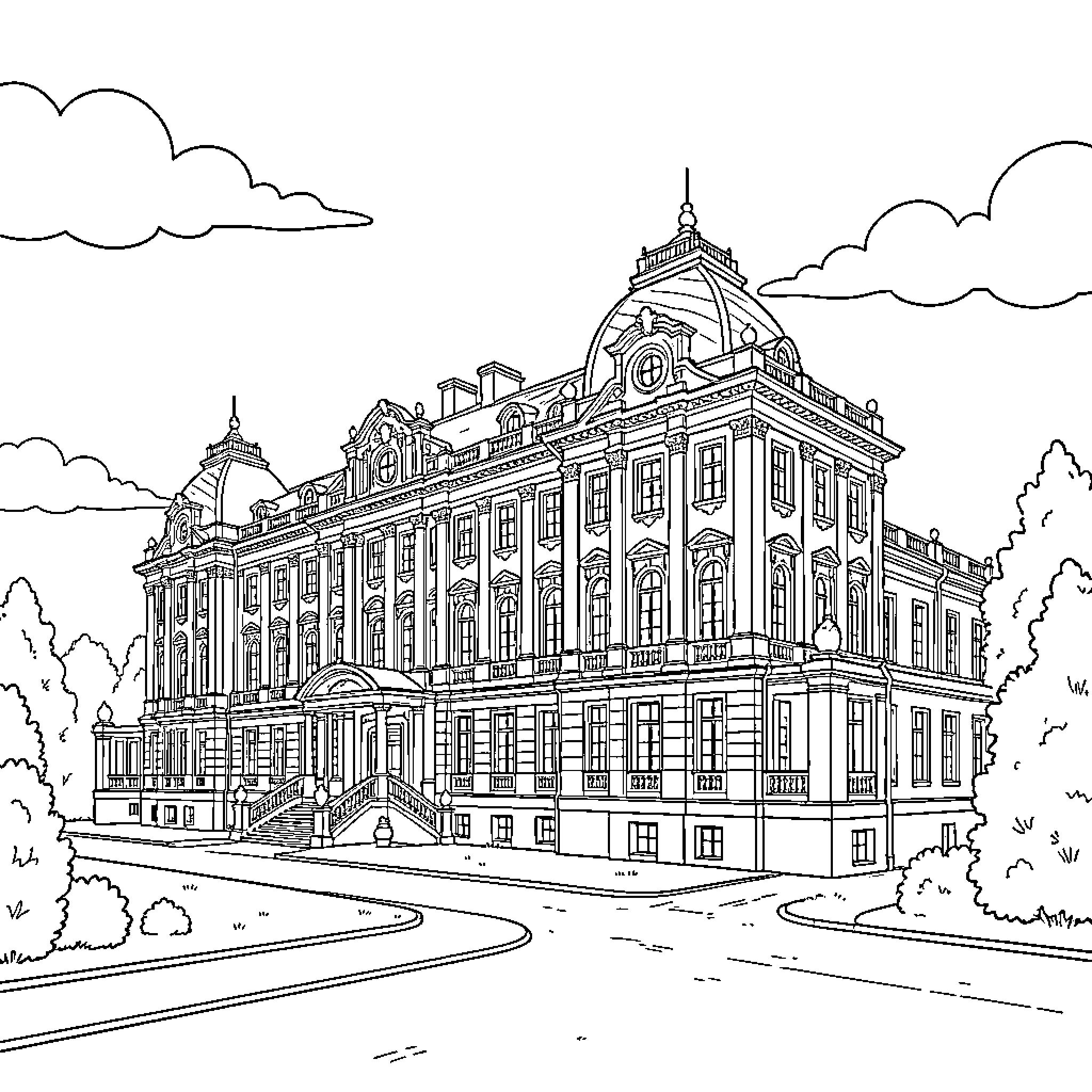 Petroff Palace standing grandly under a cloudy sky Coloring Page (free black-and-white line drawing printable PDF for all, from beginners to advanced learners, including children, teens, adults, and seniors)