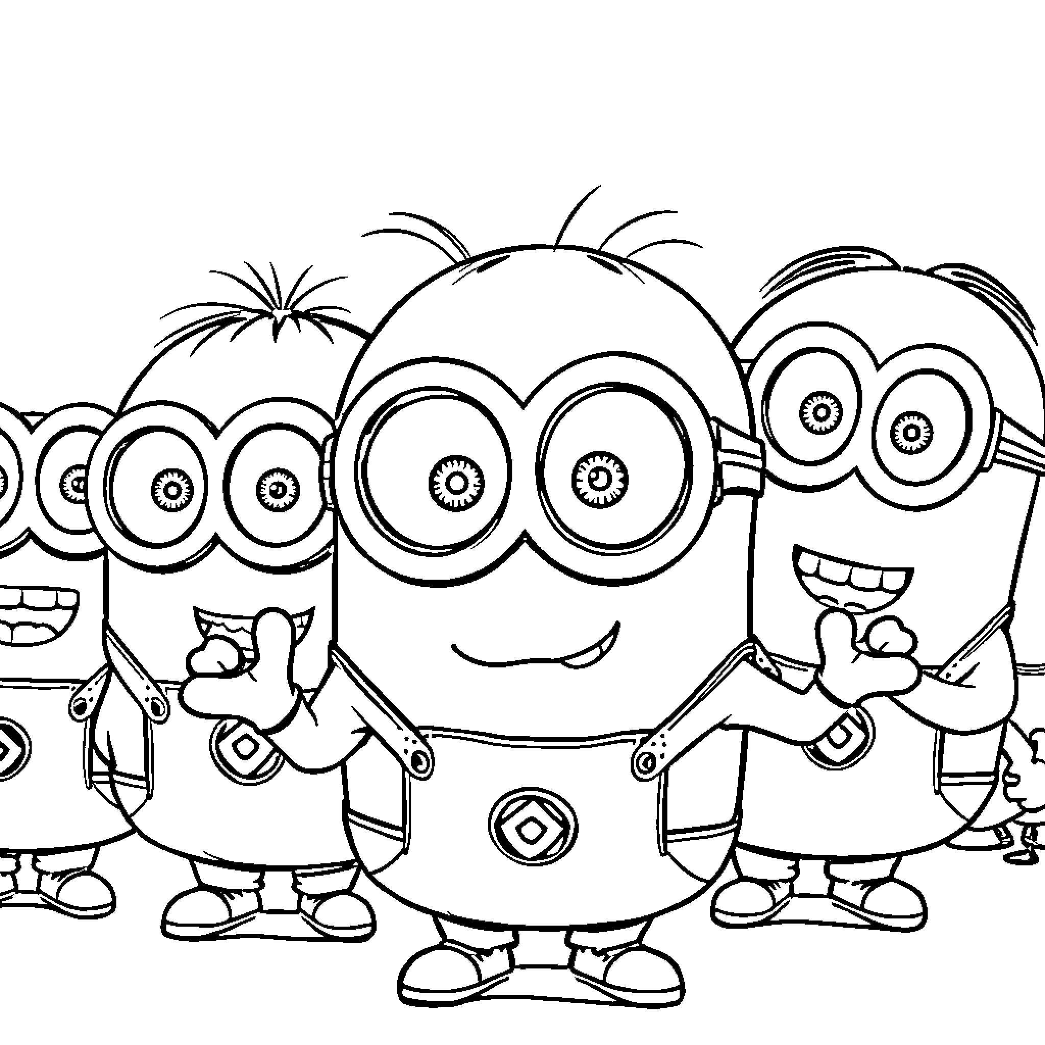 Minions Posing Playfully in Animated Scene Coloring Page (free black-and-white line drawing printable PDF for all, from beginners to advanced learners, including children, teens, adults, and seniors)