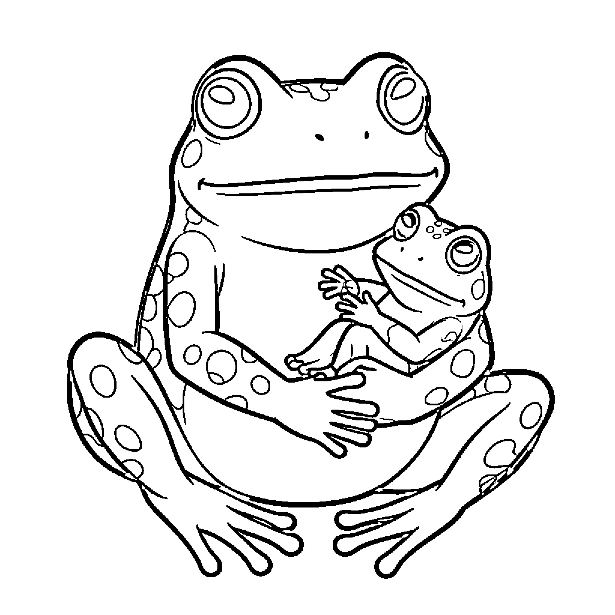 Grenouille hugging a smaller frog affectionately Coloring Page (free black-and-white line drawing printable PDF for all, from beginners to advanced learners, including children, teens, adults, and seniors)