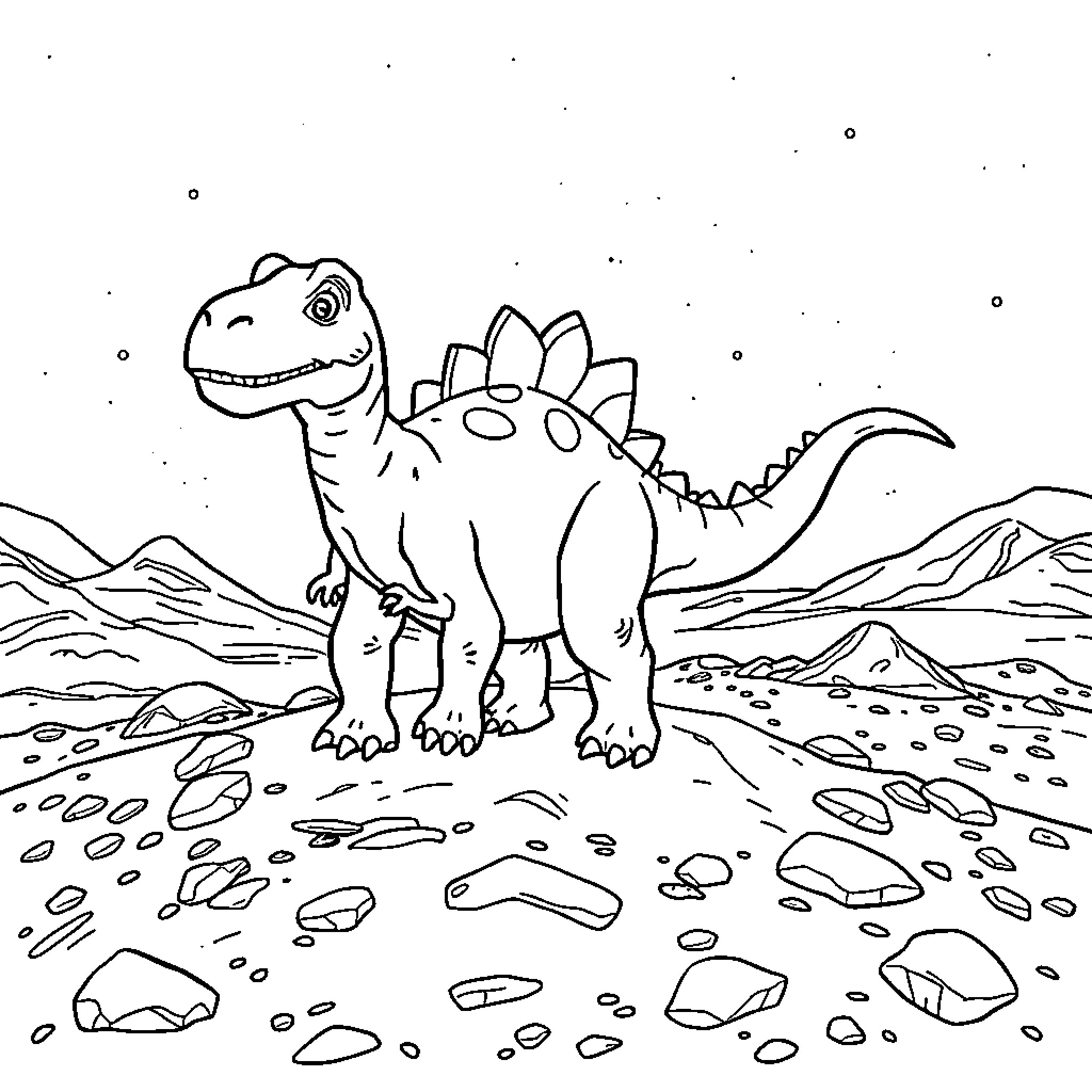 Dino exploring the prehistoric landscape Coloring Page (free black-and-white line drawing printable PDF for all, from beginners to advanced learners, including children, teens, adults, and seniors)
