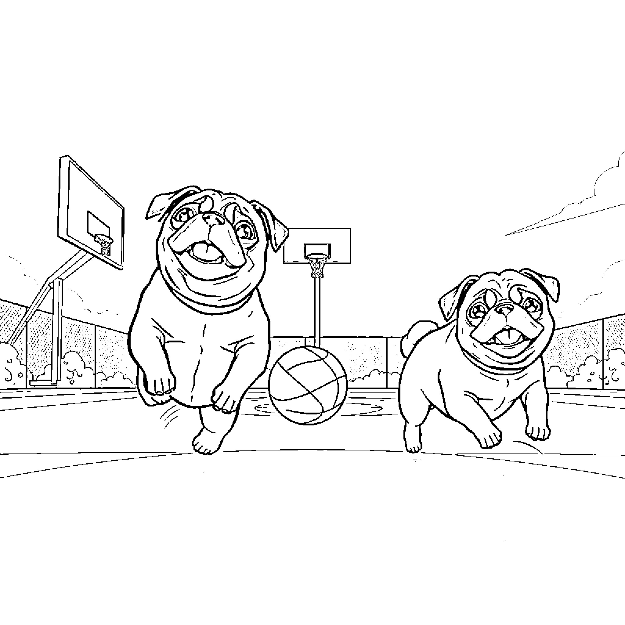 Pugs playing basketball on a court Coloring Page (free black-and-white line drawing printable PDF for all, from beginners to advanced learners, including children, teens, adults, and seniors)