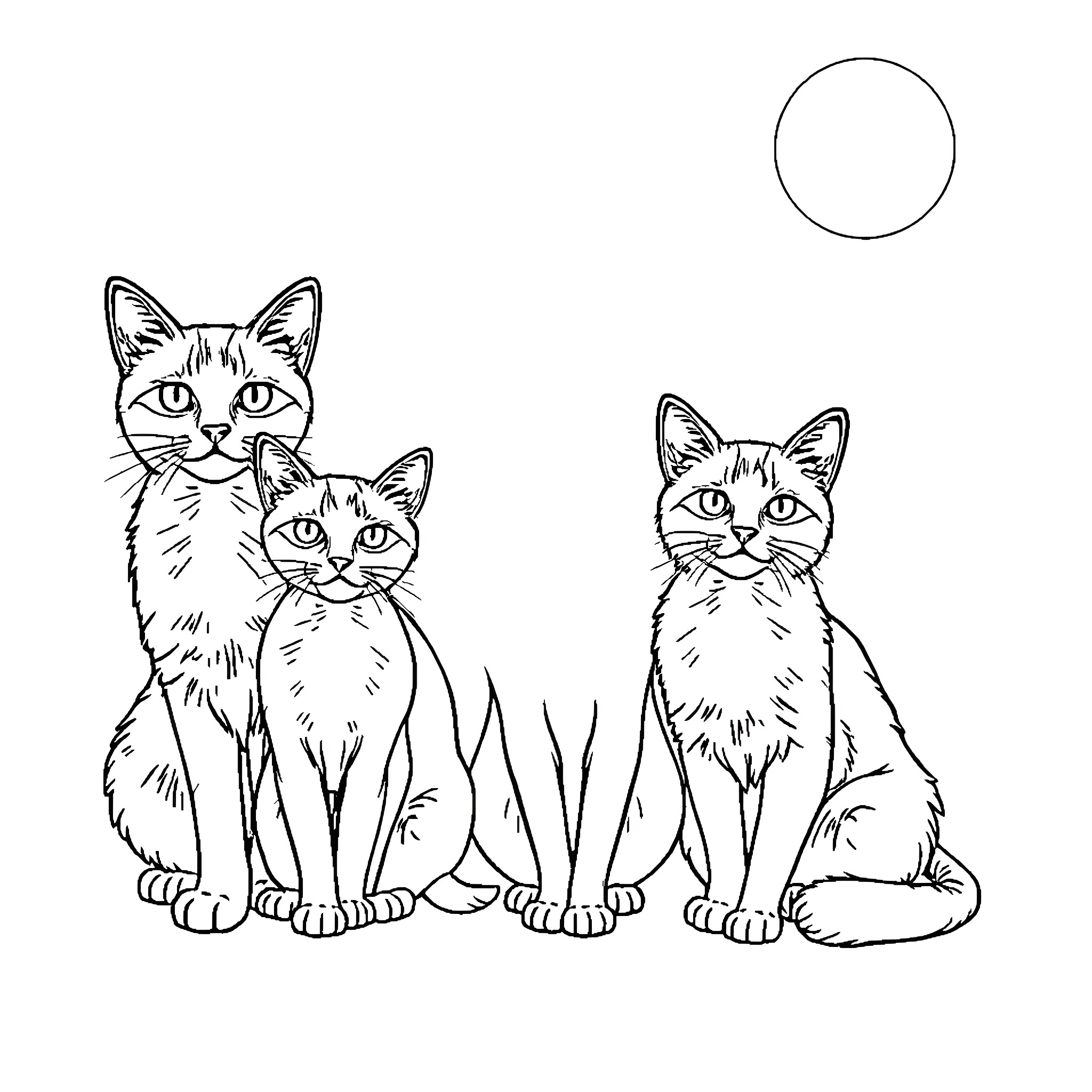 Cat family posing together in the moonlight Coloring Page (free black-and-white line drawing printable PDF for all, from beginners to advanced learners, including children, teens, adults, and seniors)