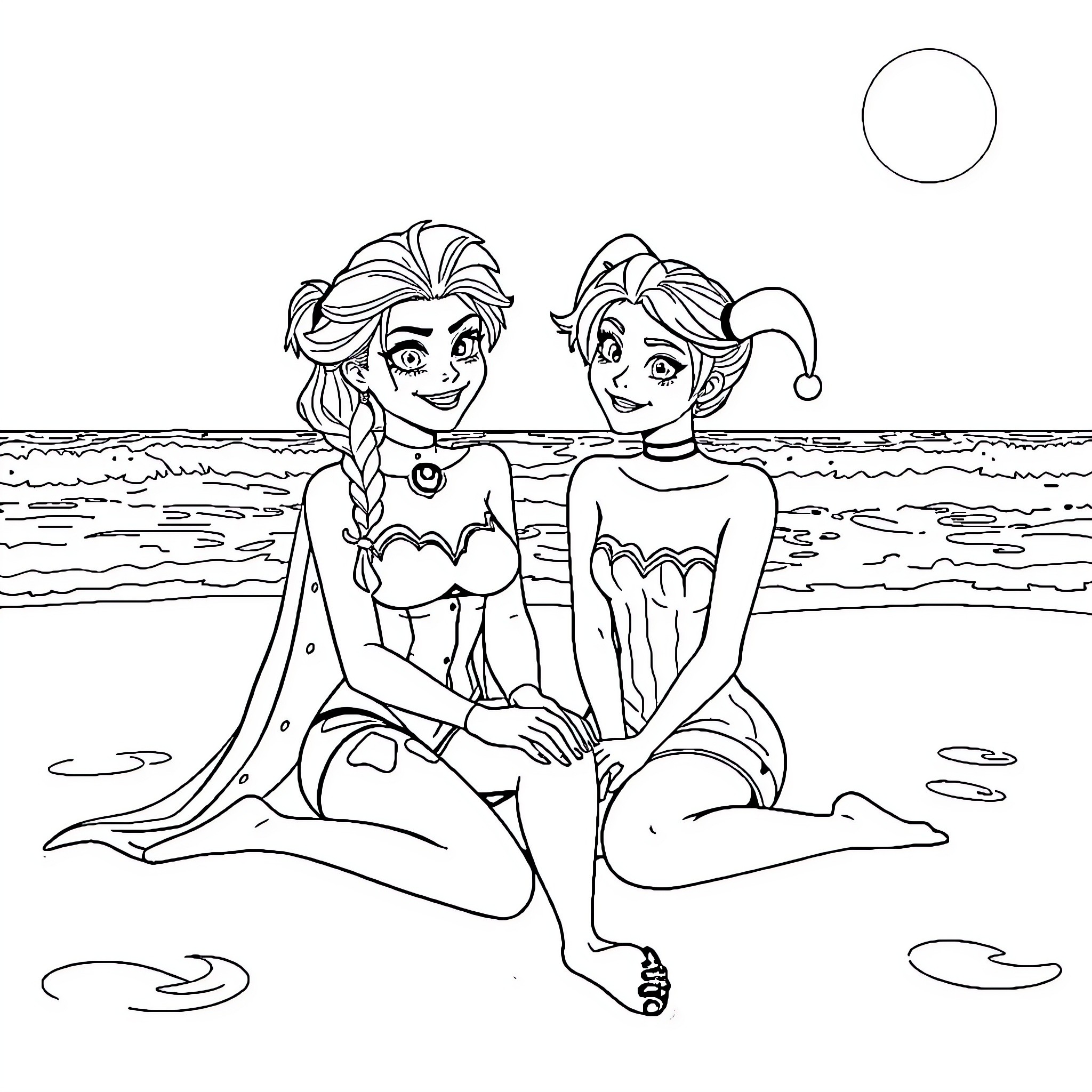 Elsa and Anna relaxing on the beach Coloring Page (free black-and-white line drawing printable PDF for all, from beginners to advanced learners, including children, teens, adults, and seniors)