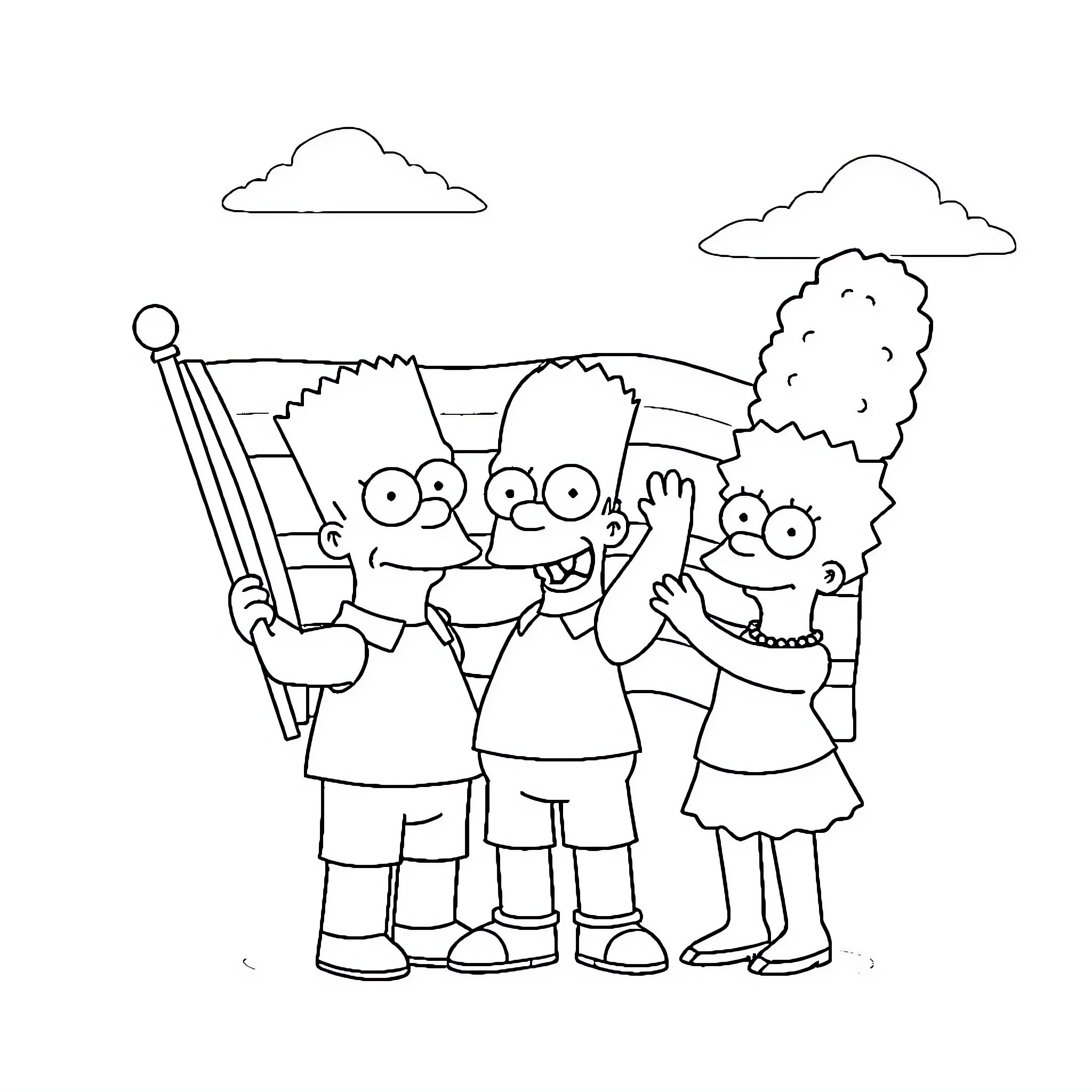 Simpsons characters waving a flag together Coloring Page (free black-and-white line drawing printable PDF for all, from beginners to advanced learners, including children, teens, adults, and seniors)