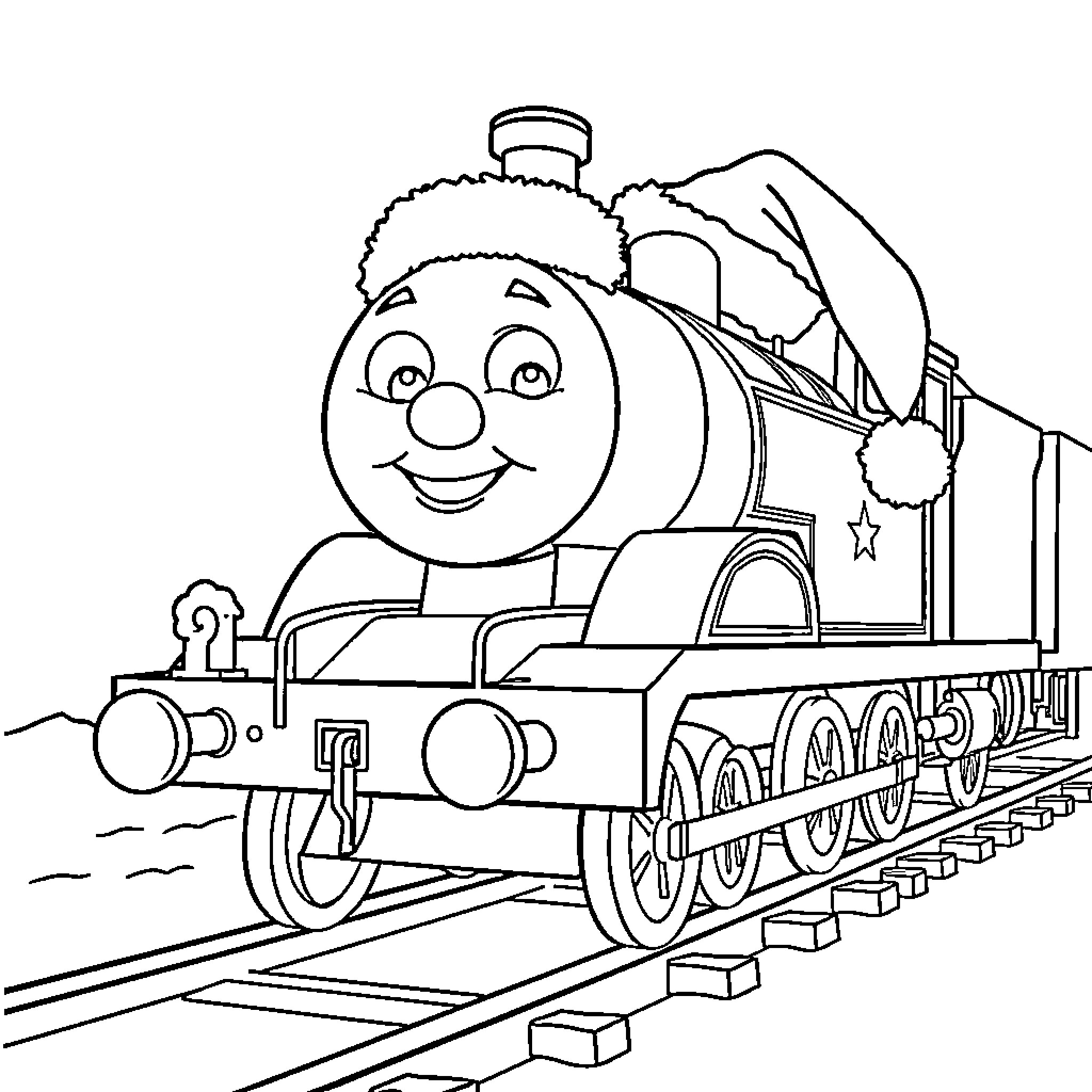 Thomas the Friendly Train in the Snow Coloring Page (free black-and-white line drawing printable PDF for all, from beginners to advanced learners, including children, teens, adults, and seniors)