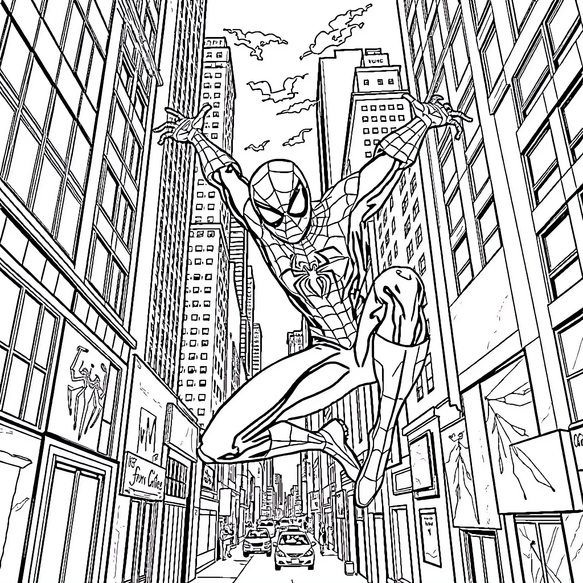 Spiderman swinging through the bustling city streets Coloring Page (free black-and-white line drawing printable PDF for all, from beginners to advanced learners, including children, teens, adults, and seniors)