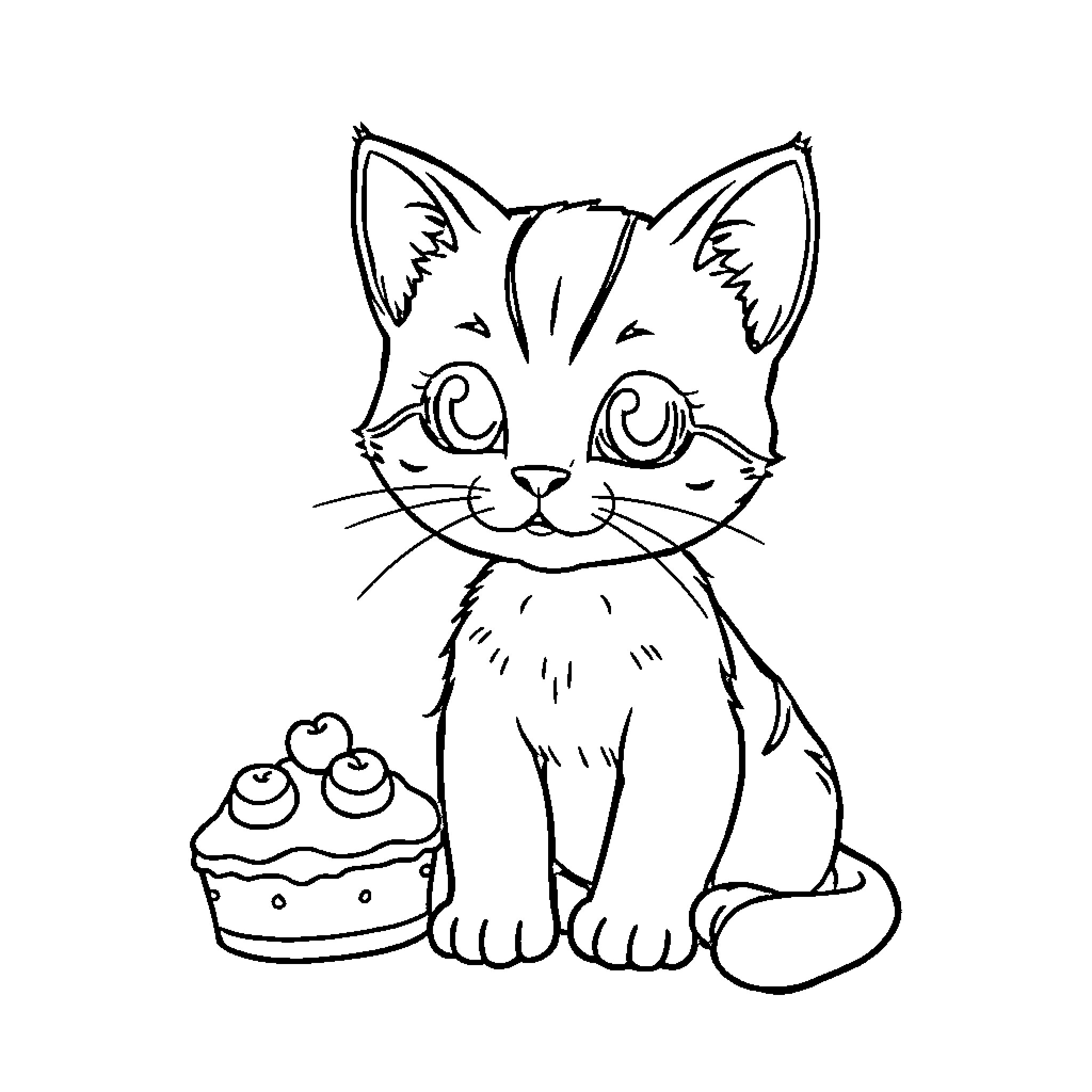 Kitten looking curiously at cupcakes Coloring Page (free black-and-white line drawing printable PDF for all, from beginners to advanced learners, including children, teens, adults, and seniors)