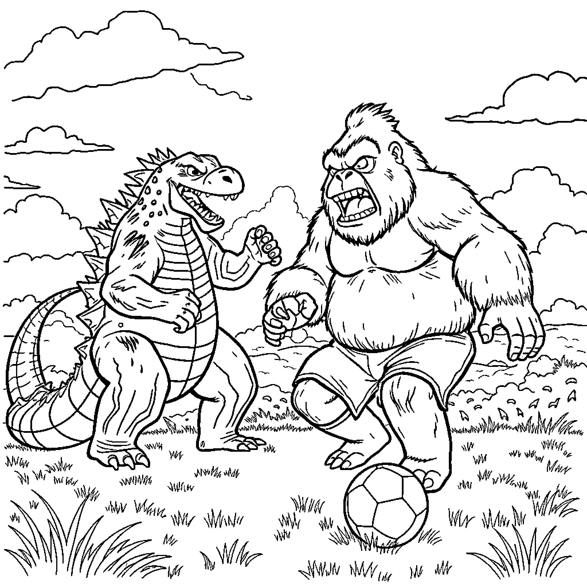 Godzilla and King Kong battle in grassy field Coloring Page (free black-and-white line drawing printable PDF for all, from beginners to advanced learners, including children, teens, adults, and seniors)