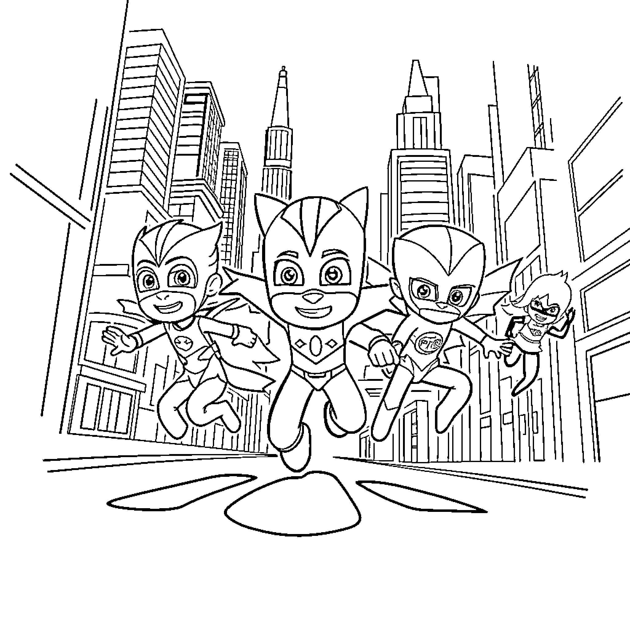 Pj Masks superheroes in the city Coloring Page (free black-and-white line drawing printable PDF for all, from beginners to advanced learners, including children, teens, adults, and seniors)