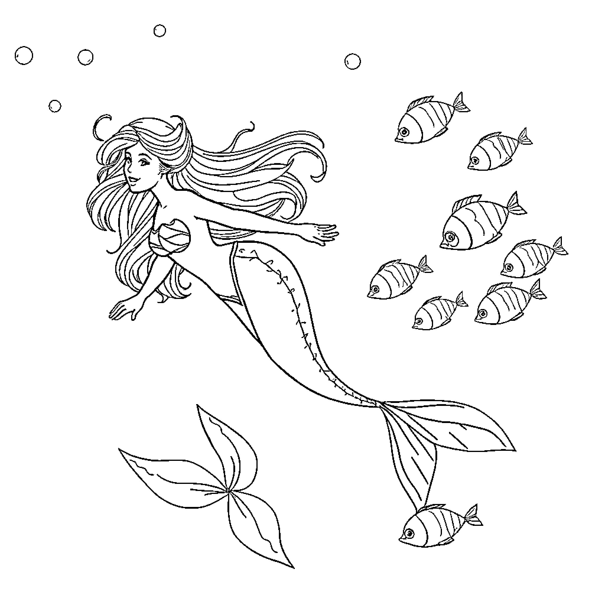 Mermaid swimming gracefully with schools of fish Coloring Page (free black-and-white line drawing printable PDF for all, from beginners to advanced learners, including children, teens, adults, and seniors)