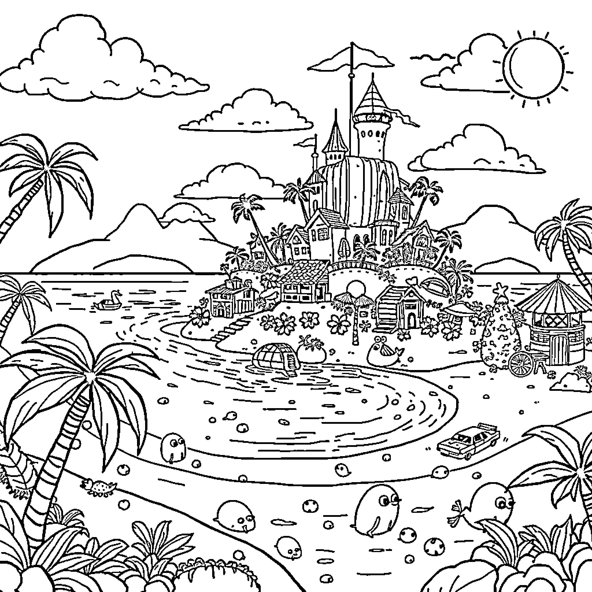 Goofball Fun at the Whimsical Island Getaway Coloring Page (free black-and-white line drawing printable PDF for all, from beginners to advanced learners, including children, teens, adults, and seniors)