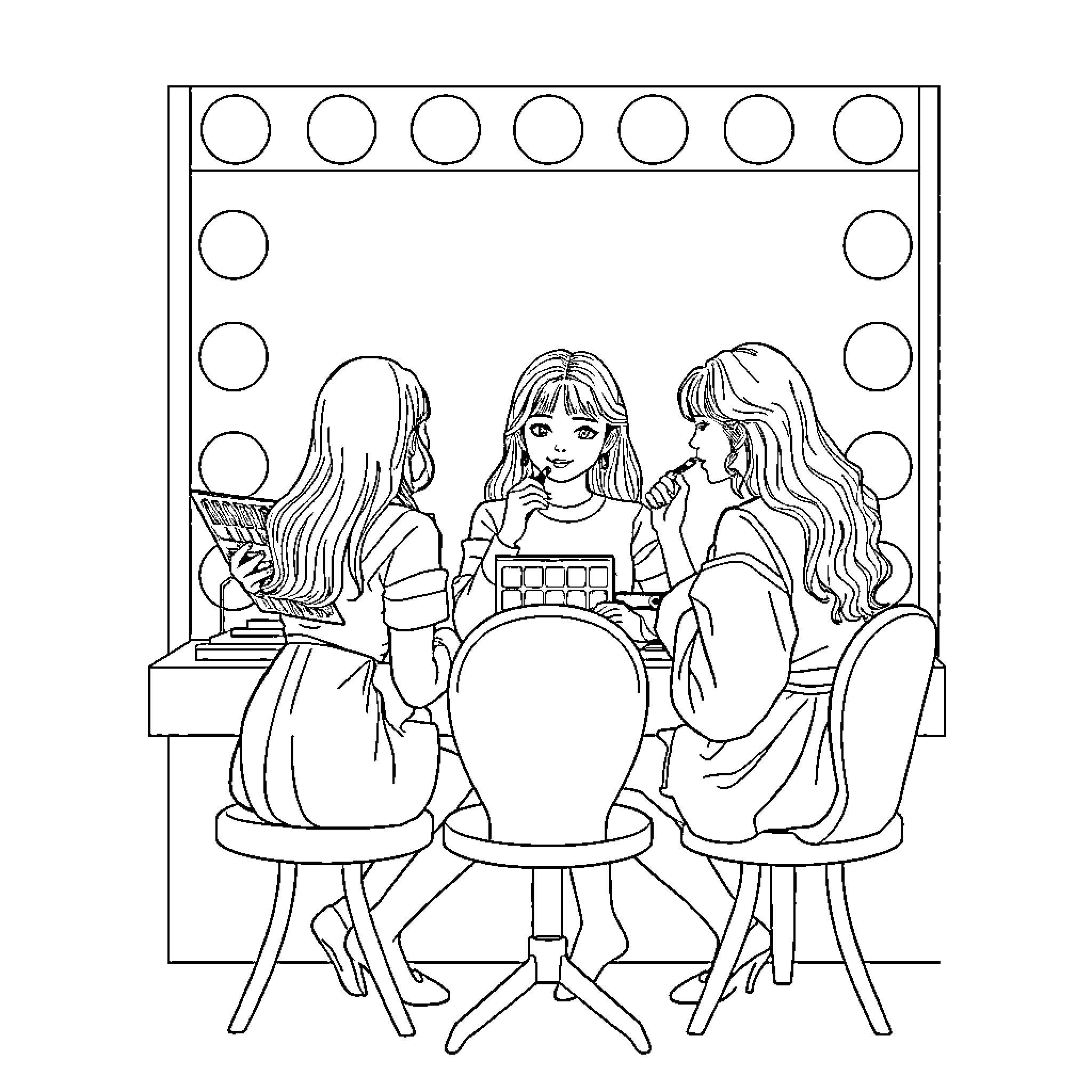 K Pop Stars Enjoying Drinks and Conversation Coloring Page (free black-and-white line drawing printable PDF for all, from beginners to advanced learners, including children, teens, adults, and seniors)