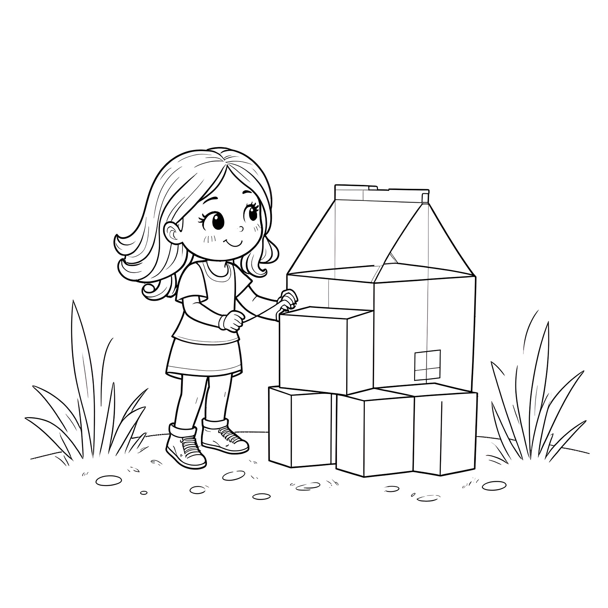 Olivia exploring and playing with cardboard boxes Coloring Page (free black-and-white line drawing printable PDF for all, from beginners to advanced learners, including children, teens, adults, and seniors)